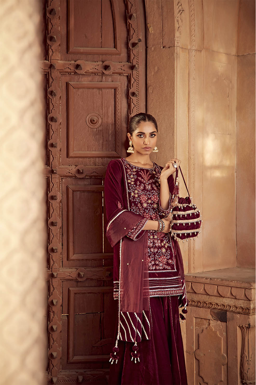 Nazia Wine Velvet Dori Embroidered Kurta Set with Organza Dupatta