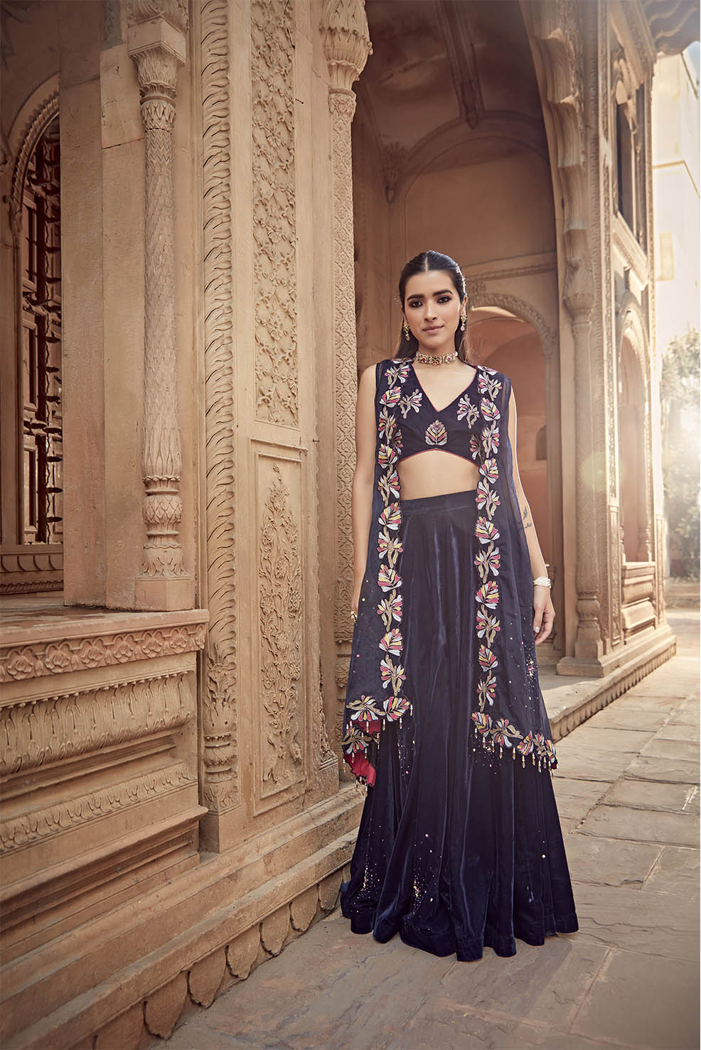 Noora Navy Blue Embroidered Velvet Cape & Sharara Set