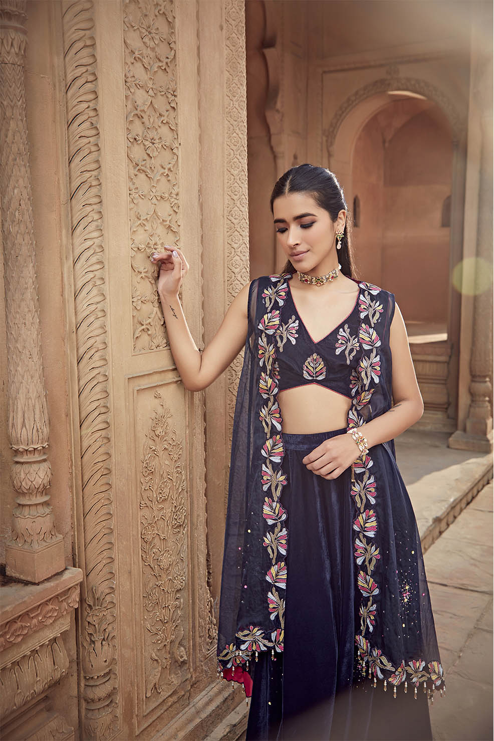 Noora Navy Blue Embroidered Velvet Cape & Sharara Set