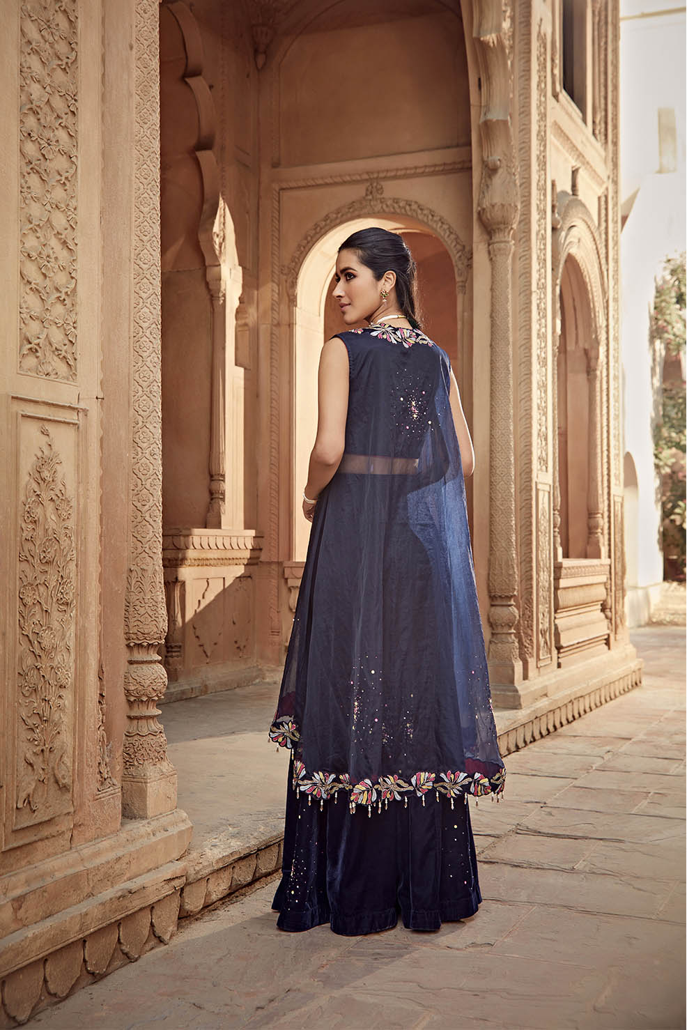 Noora Navy Blue Embroidered Velvet Cape & Sharara Set