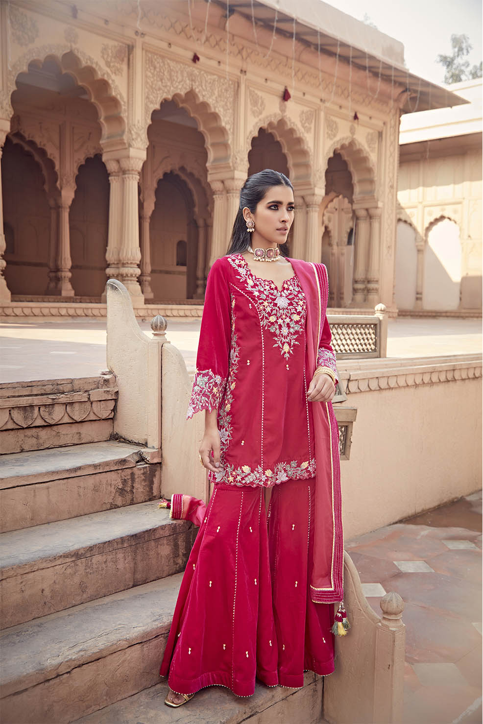 Rani Pink Embroidered Cotton Silk Kurta Garara Set - RUFI
