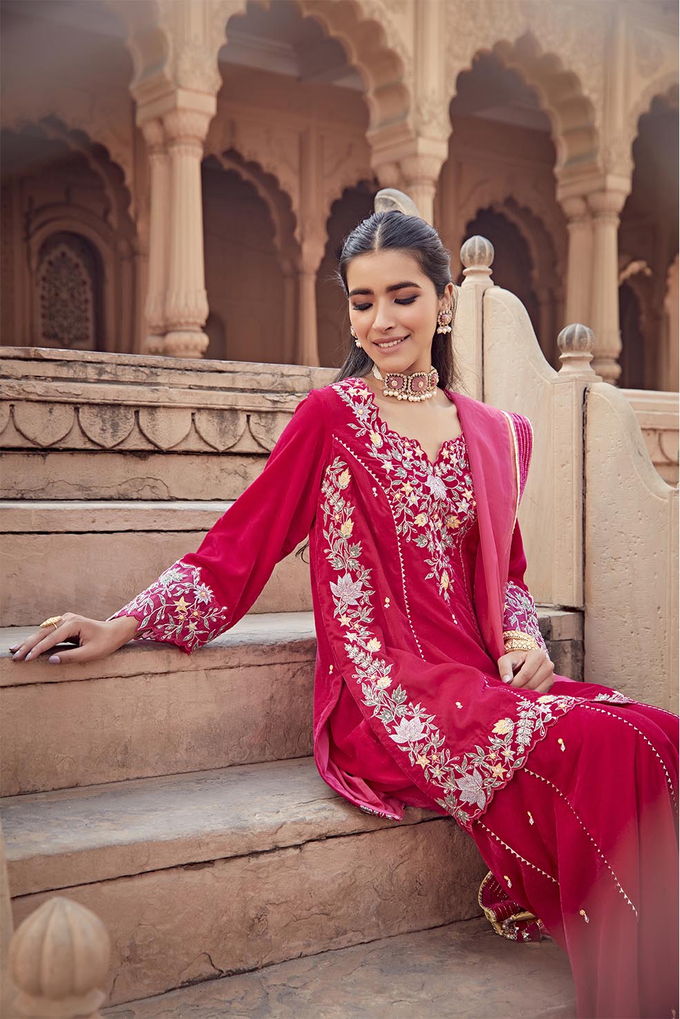 Rani Pink Embroidered Cotton Silk Kurta Garara Set - RUFI