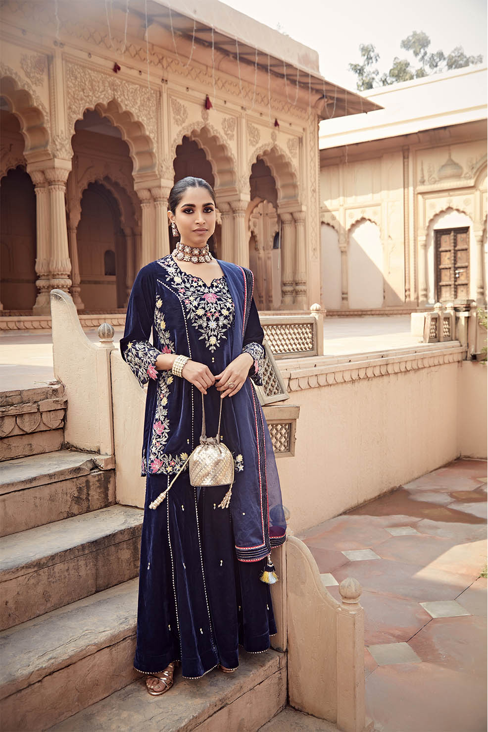 Rufi Navy Blue Hand Embroidered Short Kurta with Garara & Organza Dupatta