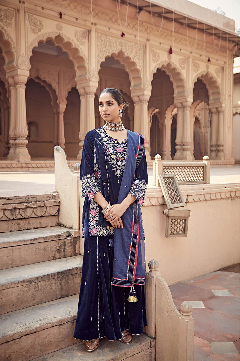 Rufi Navy Blue Hand Embroidered Short Kurta with Garara & Organza Dupatta
