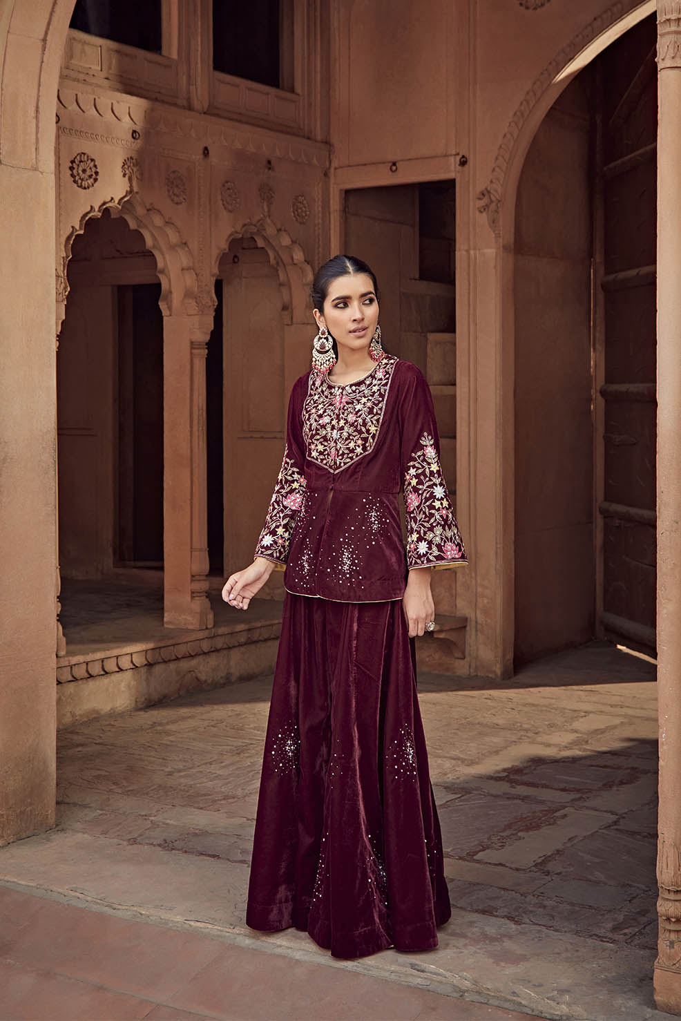 Afreen Wine Velvet Embroidered Jacket and Sharara Set - Festive Wear