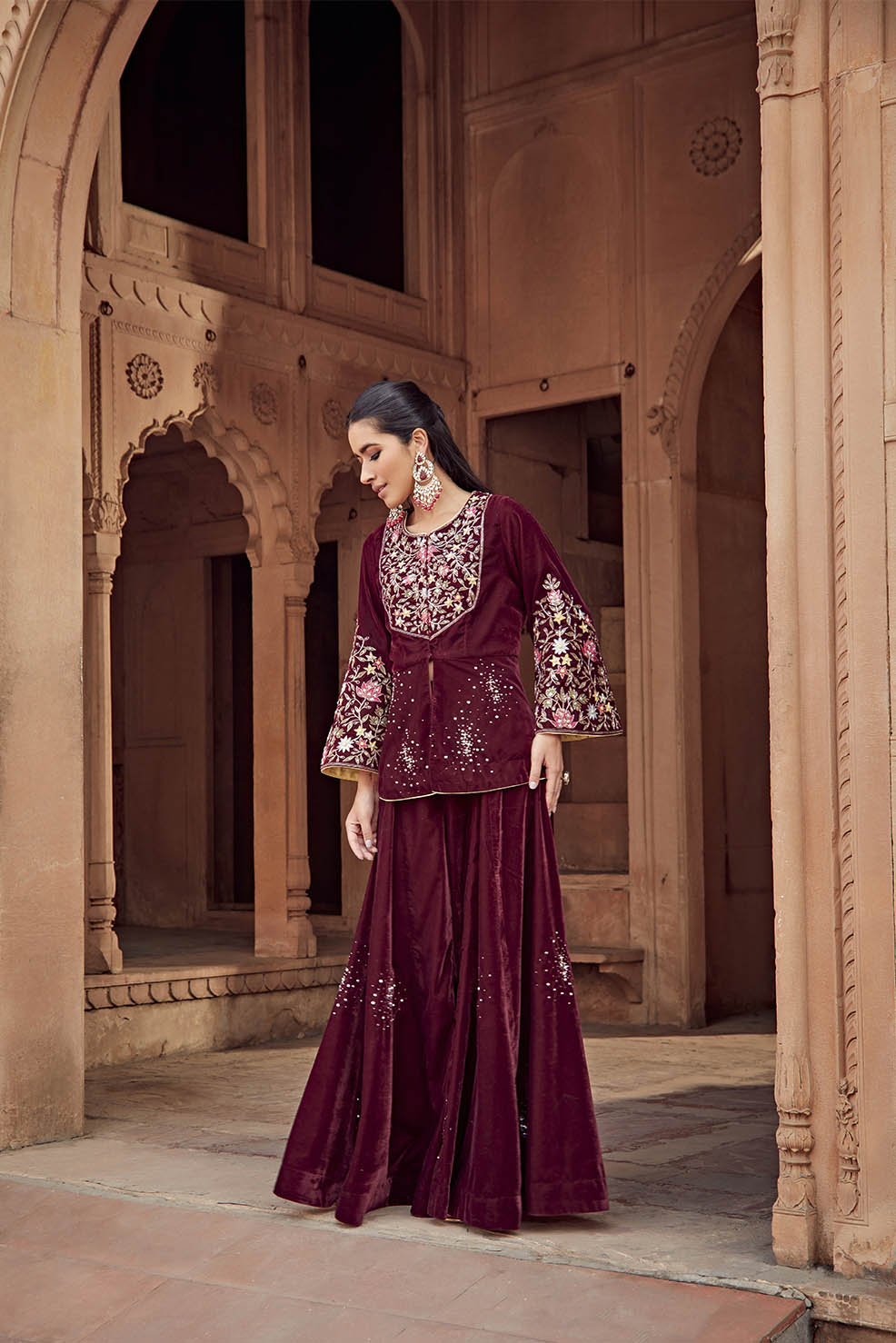 Afreen Wine Velvet Embroidered Jacket and Sharara Set - Festive Wear
