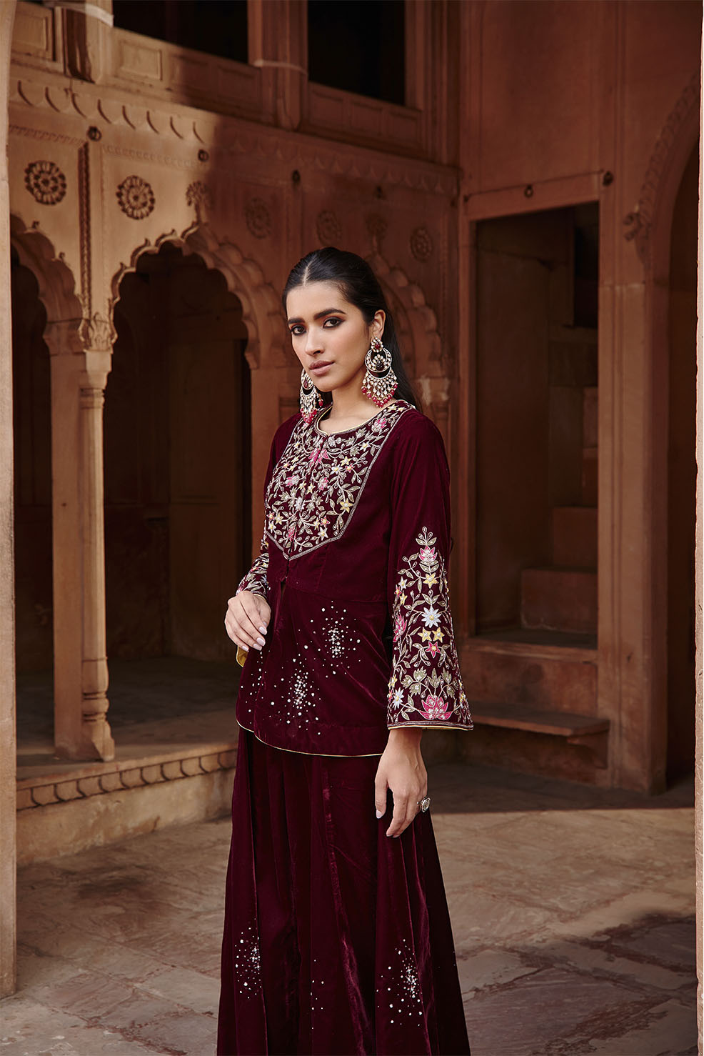 Afreen Wine Velvet Embroidered Jacket and Sharara Set - Festive Wear