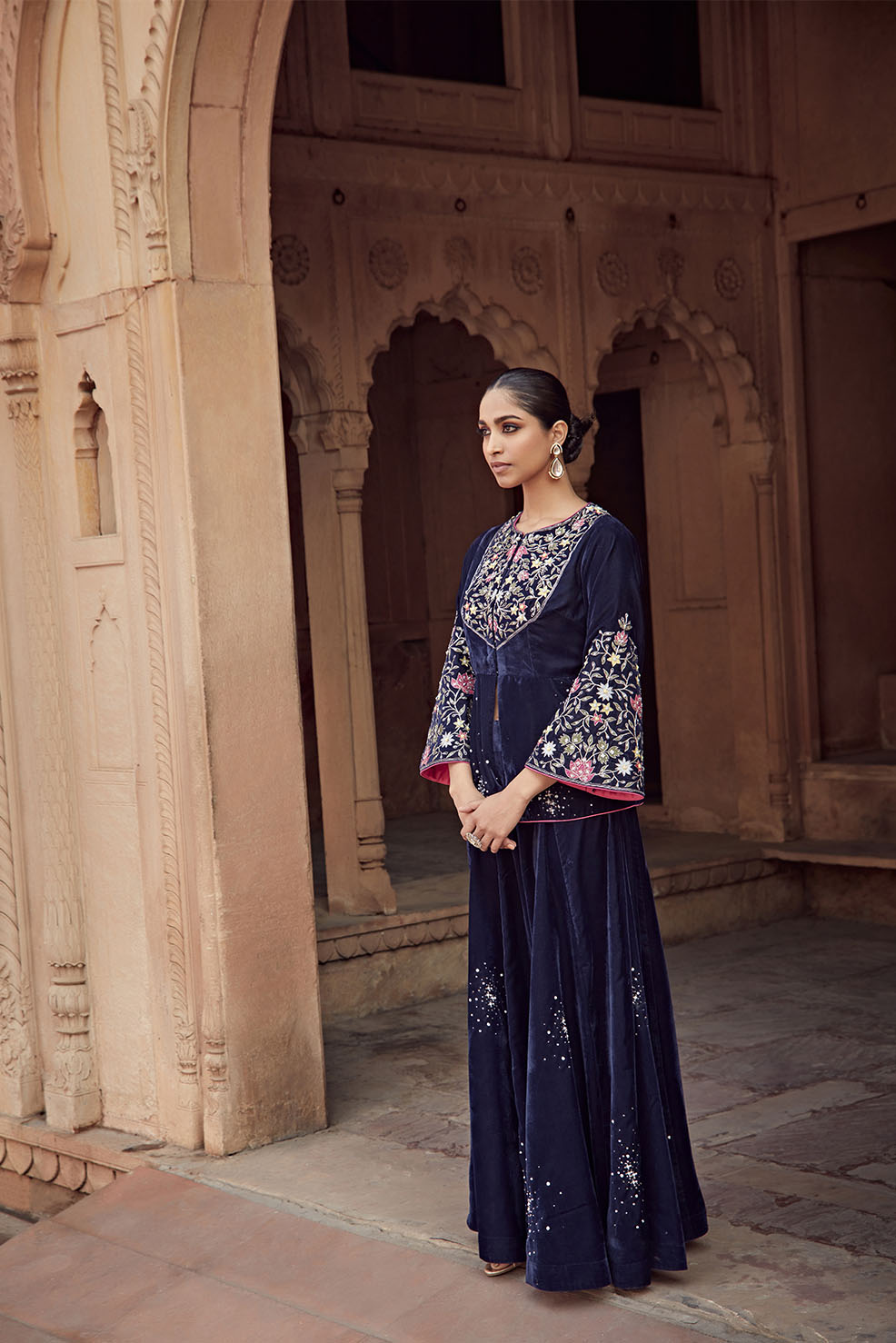 Navy Blue Embroidered Velvet Jacket and Sharara Set - Afreen