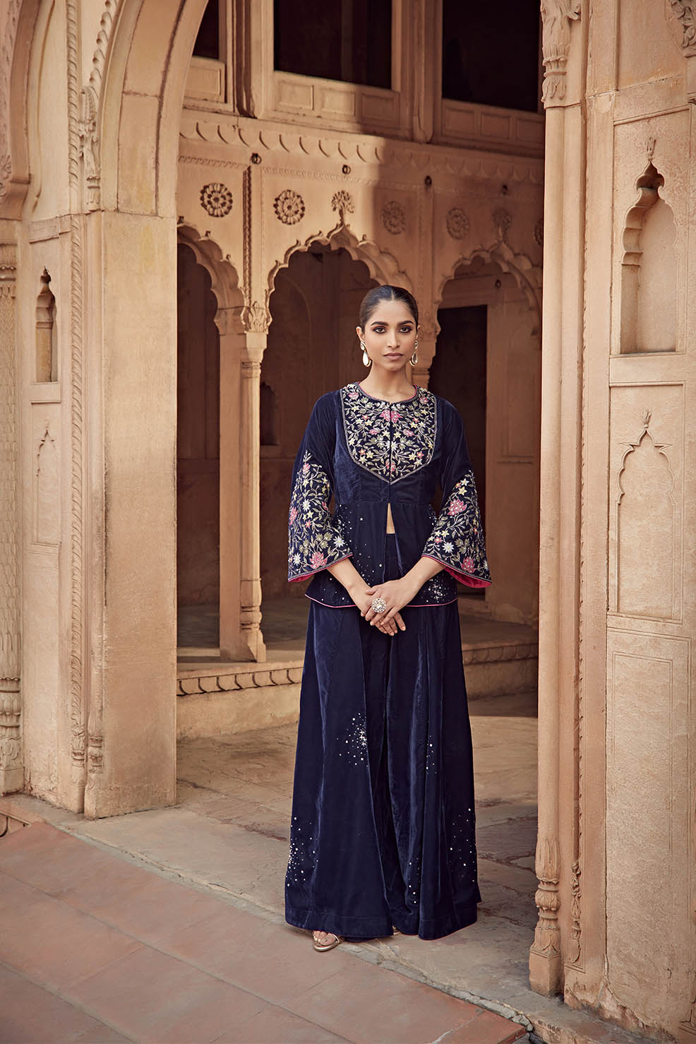 Navy Blue Embroidered Velvet Jacket and Sharara Set - Afreen