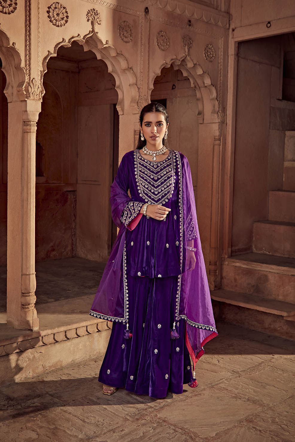 Nabila Purple Velvet Dori Embroidered Kurta Garara Set