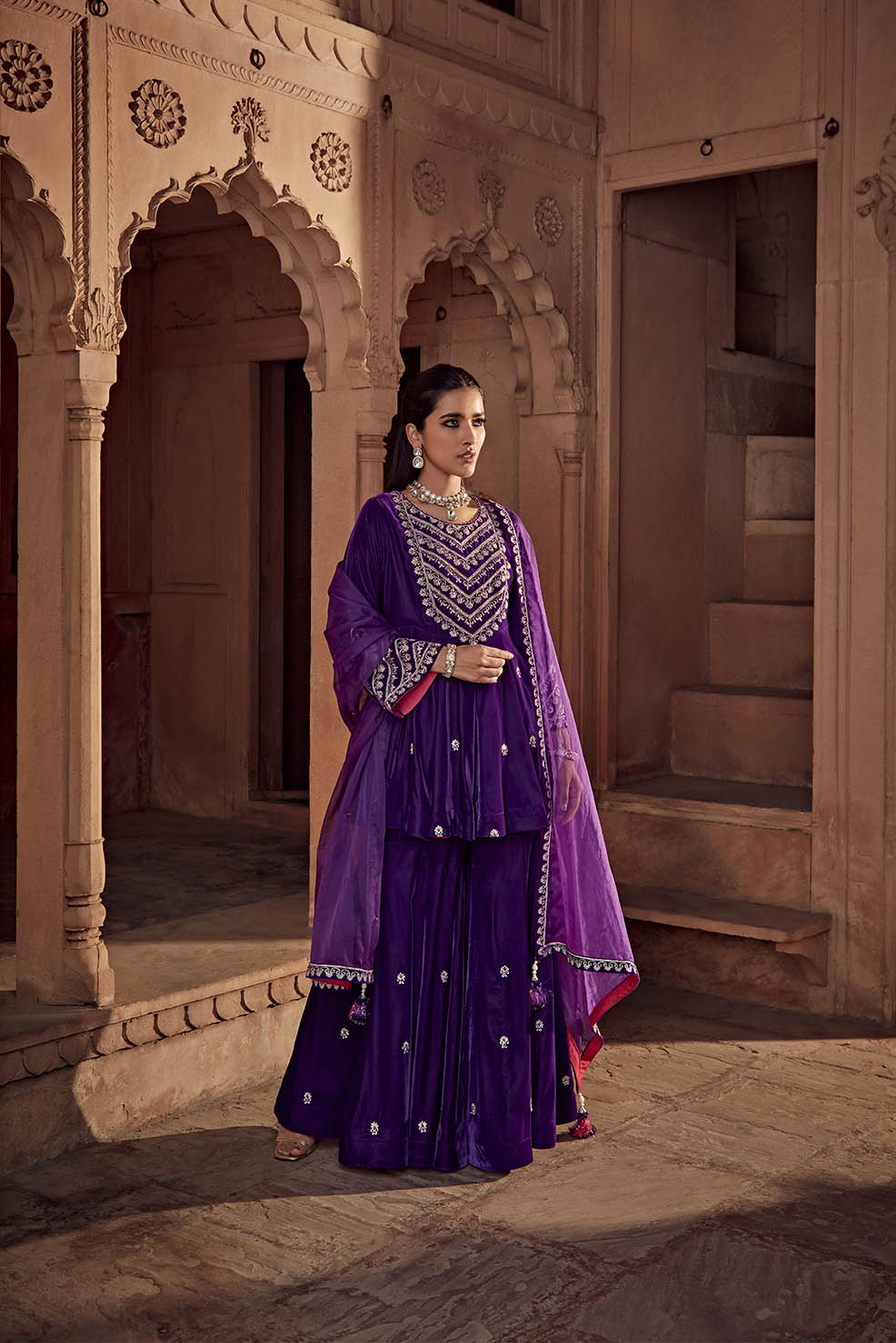 Nabila Purple Velvet Dori Embroidered Kurta Garara Set