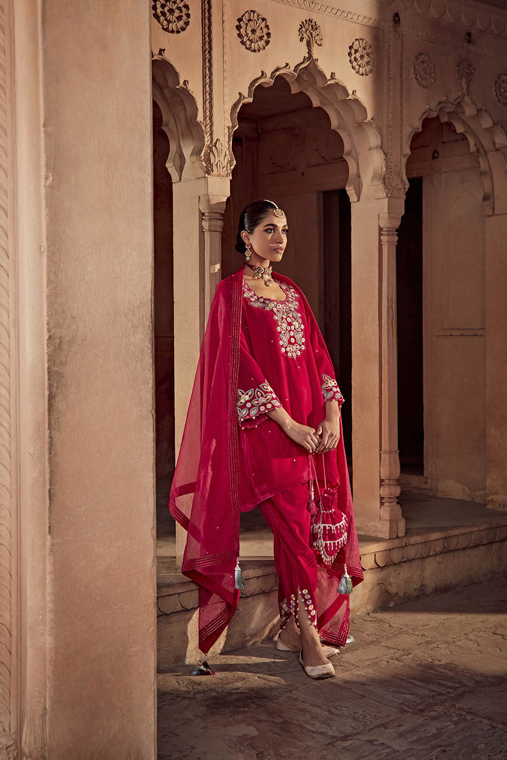 Rani Pink Embroidered Velvet Choga Kurta with Dhoti & Organza Dupatta