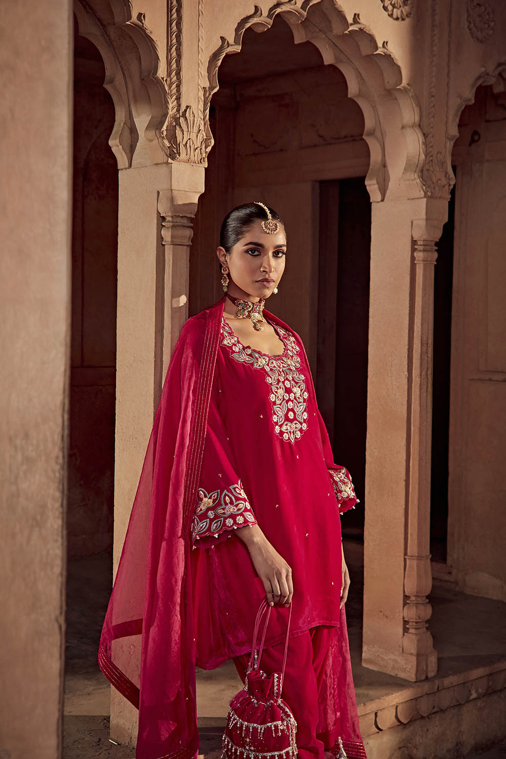 Rani Pink Embroidered Velvet Choga Kurta with Dhoti & Organza Dupatta