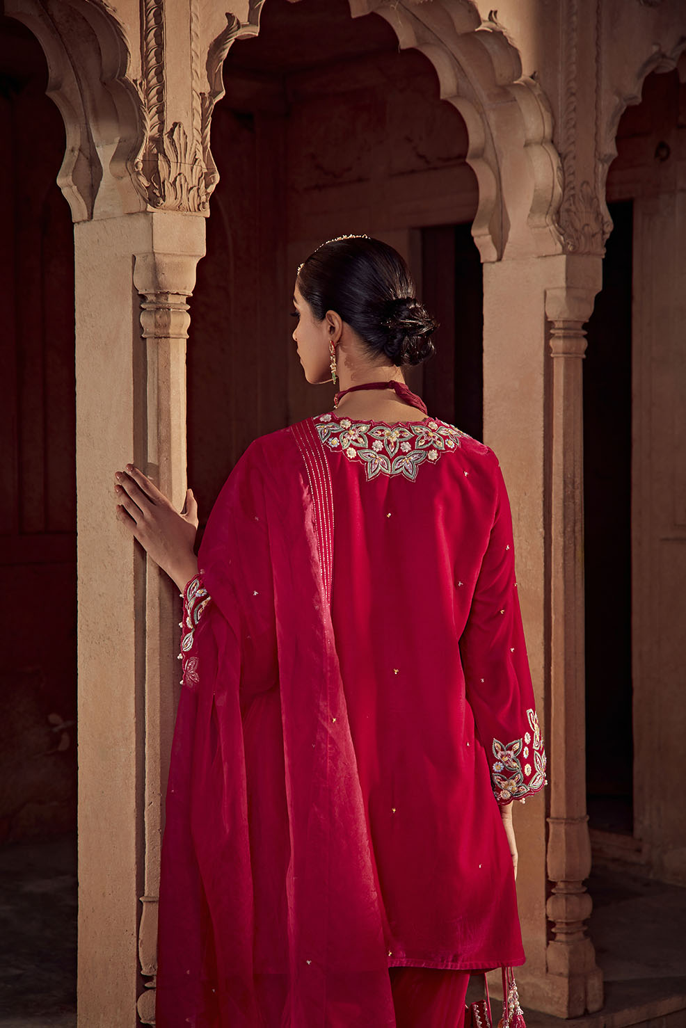 Rani Pink Embroidered Velvet Choga Kurta with Dhoti & Organza Dupatta