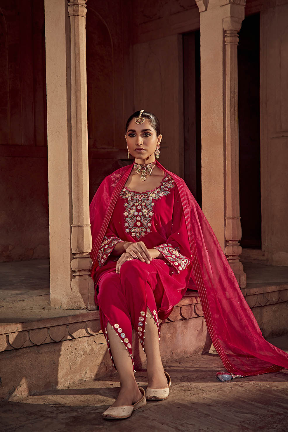Rani Pink Embroidered Velvet Choga Kurta with Dhoti & Organza Dupatta