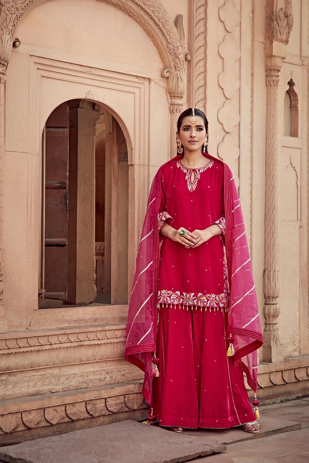 Shazia Rani Pink Velvet Kurta Garara Set With Organza Dupatta