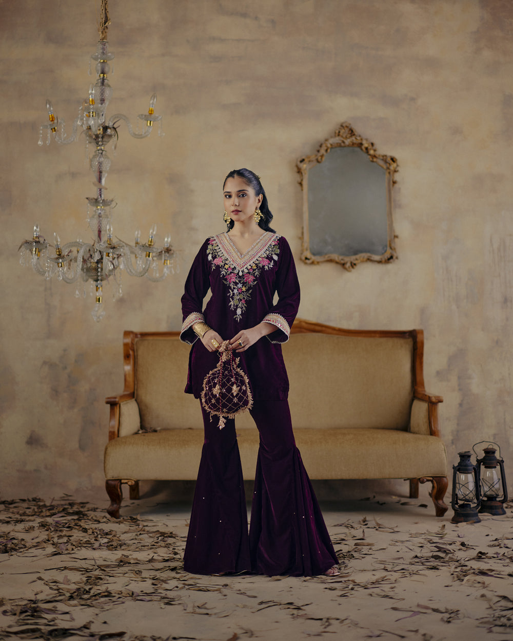 Elegant Deep Wine Velvet Potli Bag with Crystal Lattice Work