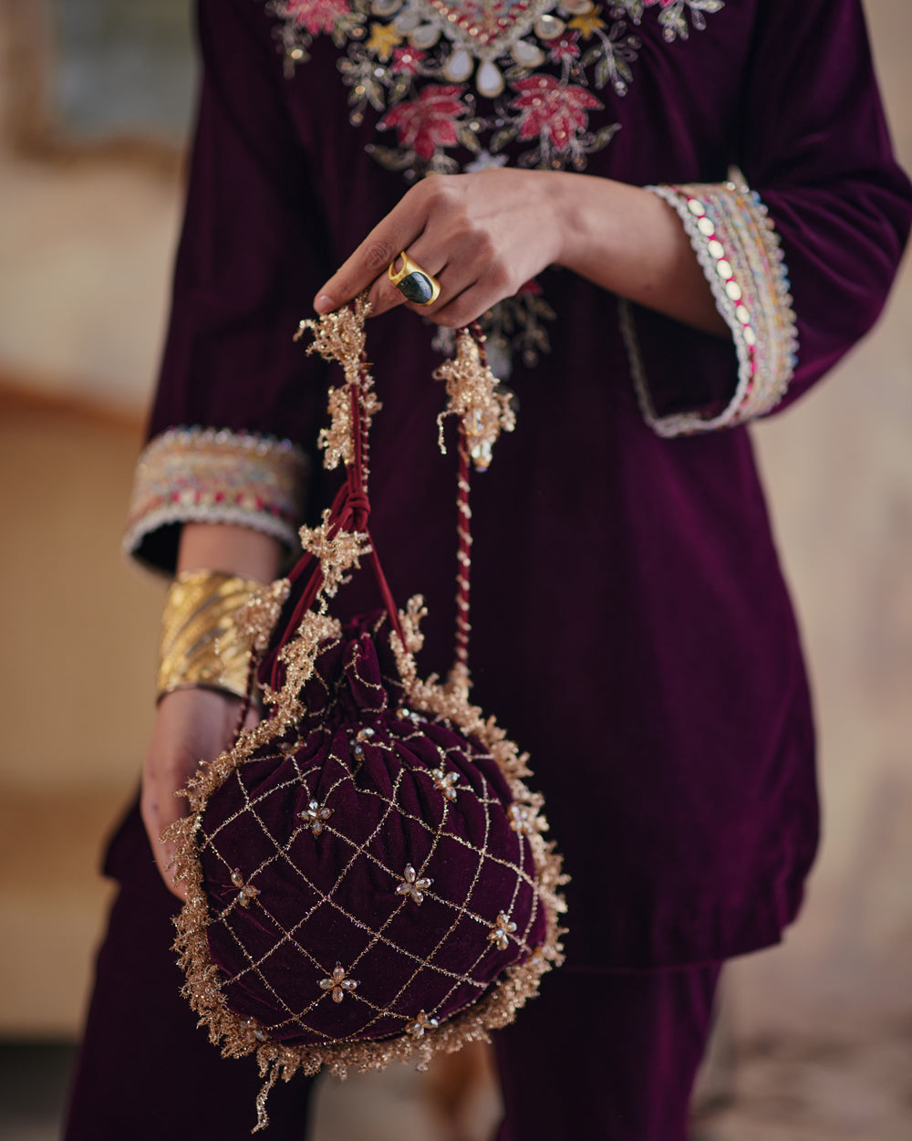 Elegant Deep Wine Velvet Potli Bag with Crystal Lattice Work