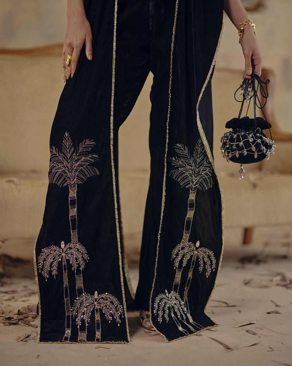 Black Velvet Crystal Lattice Potli Bag - Elegant Evening Accessory