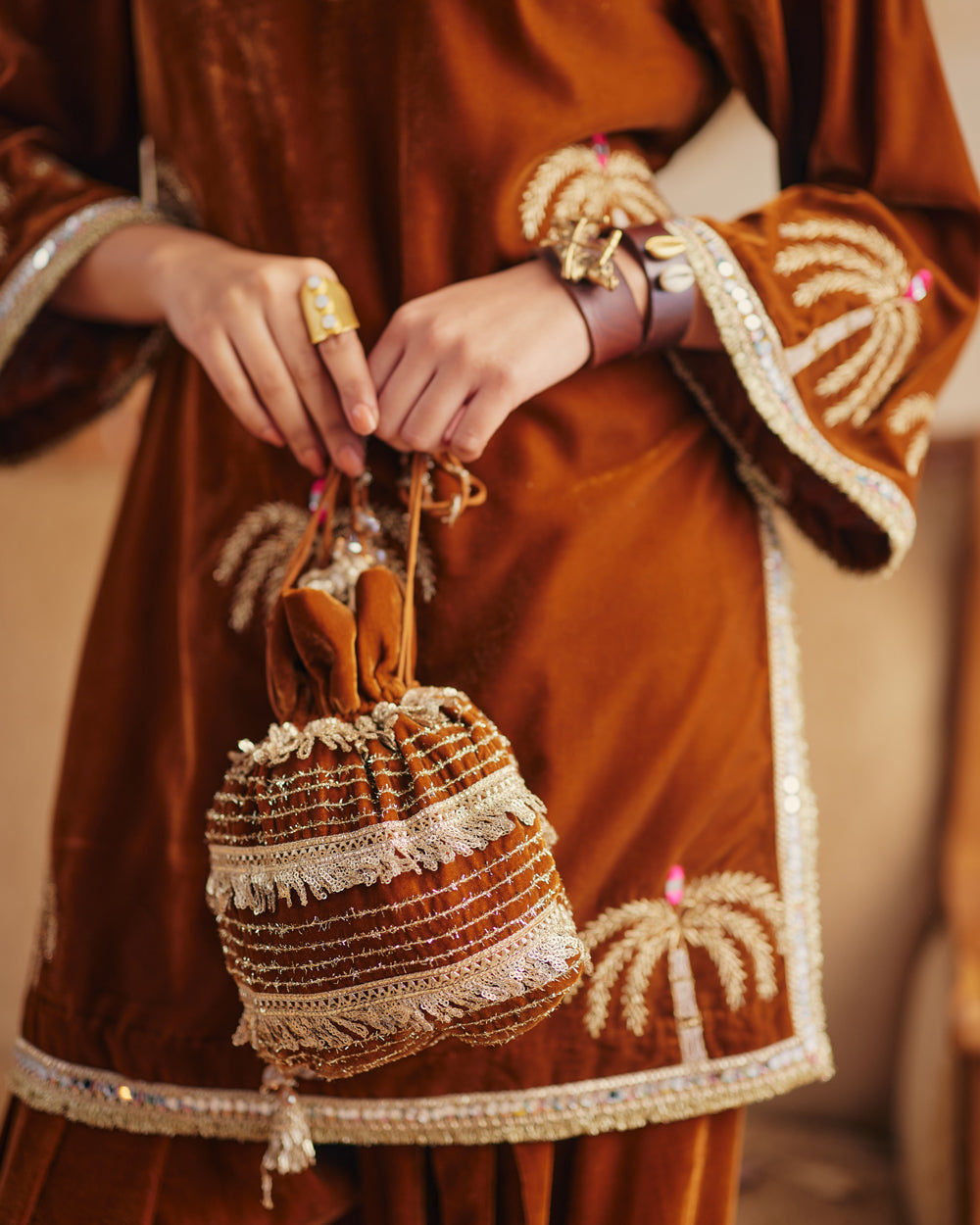 Honey Gold Velvet Potli Bag with Metallic Threadwork & Sequin Detail