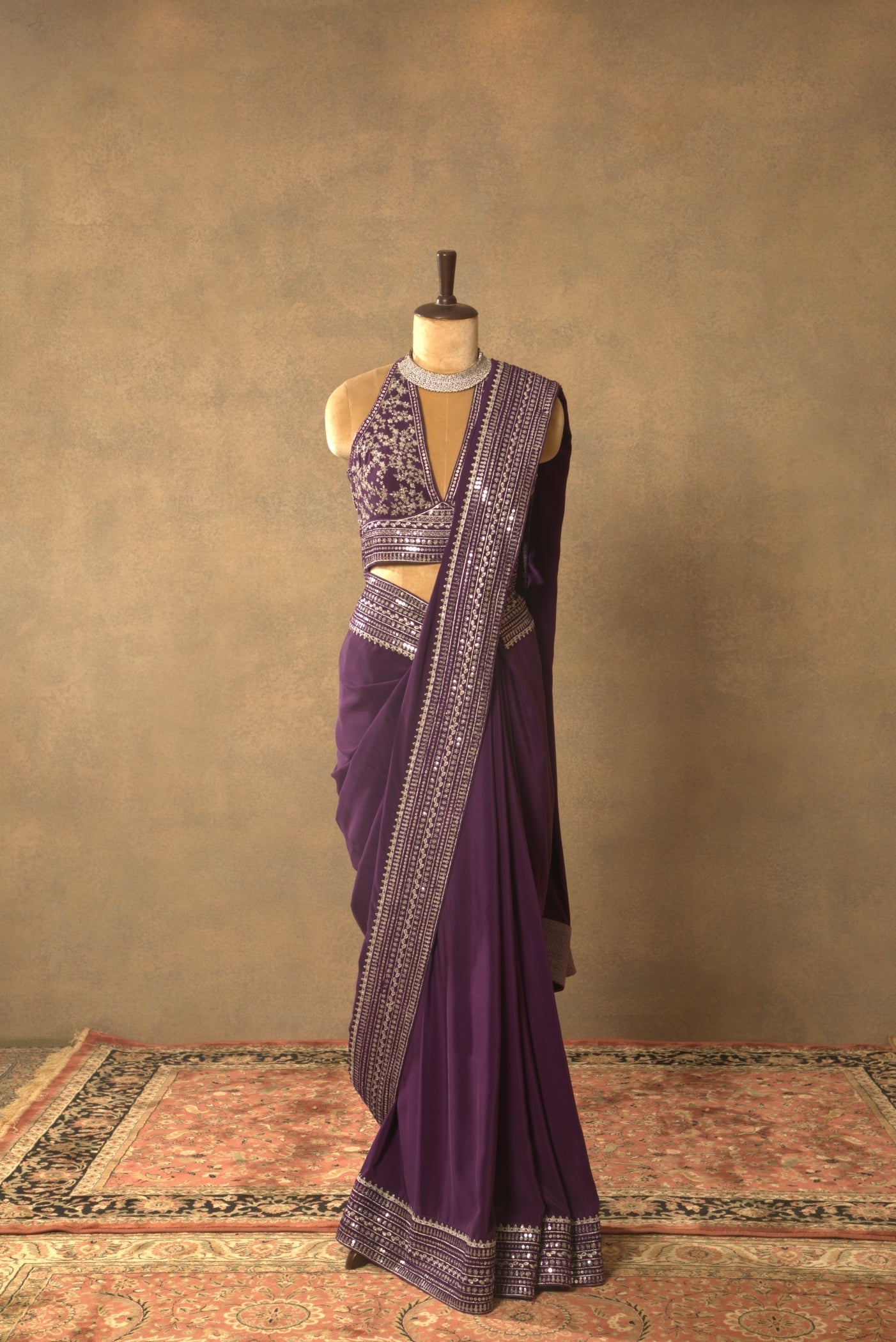 Aubergine Embroidered Pure Crepe-Silk Saree-Blouse Set