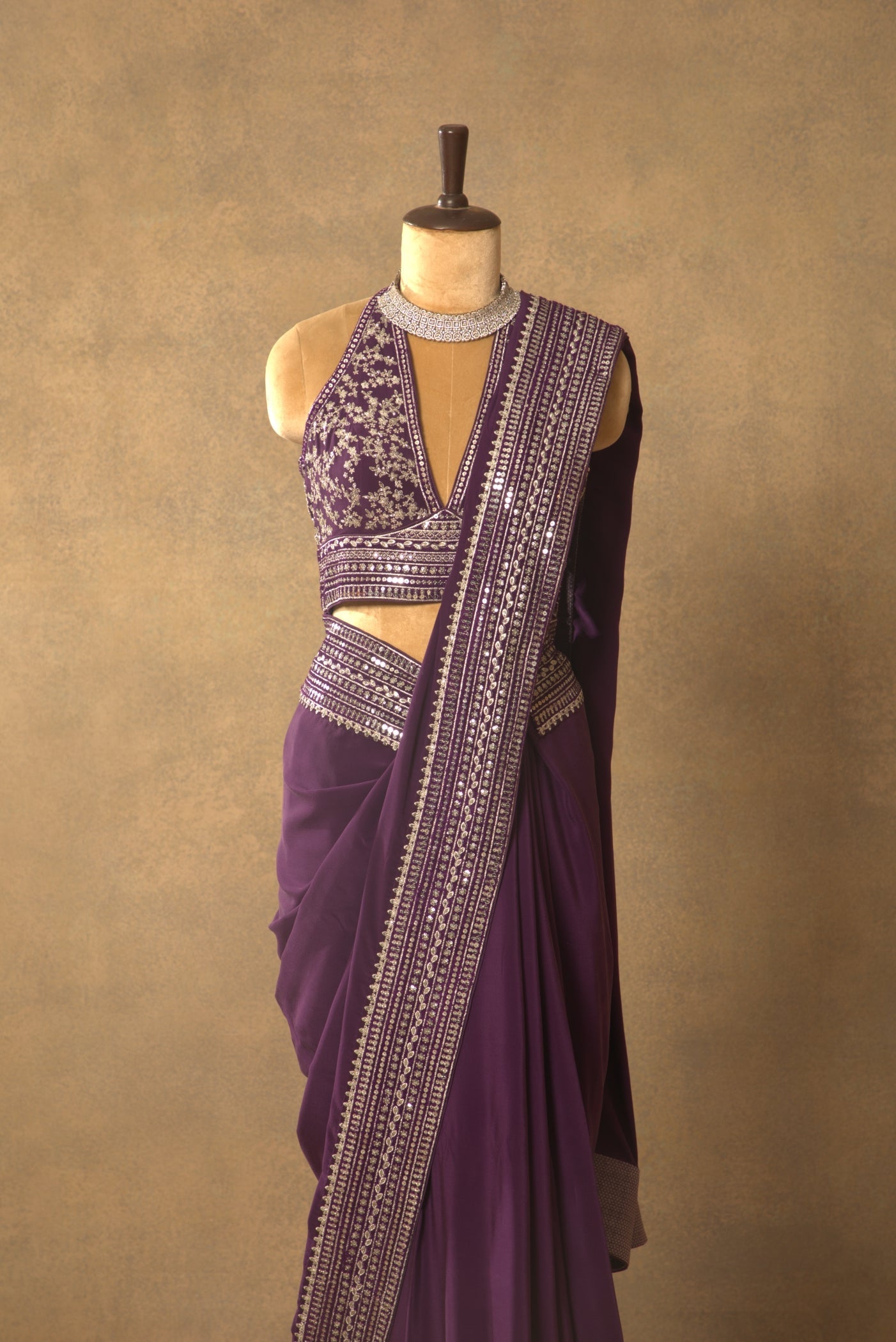 Aubergine Embroidered Pure Crepe-Silk Saree-Blouse Set