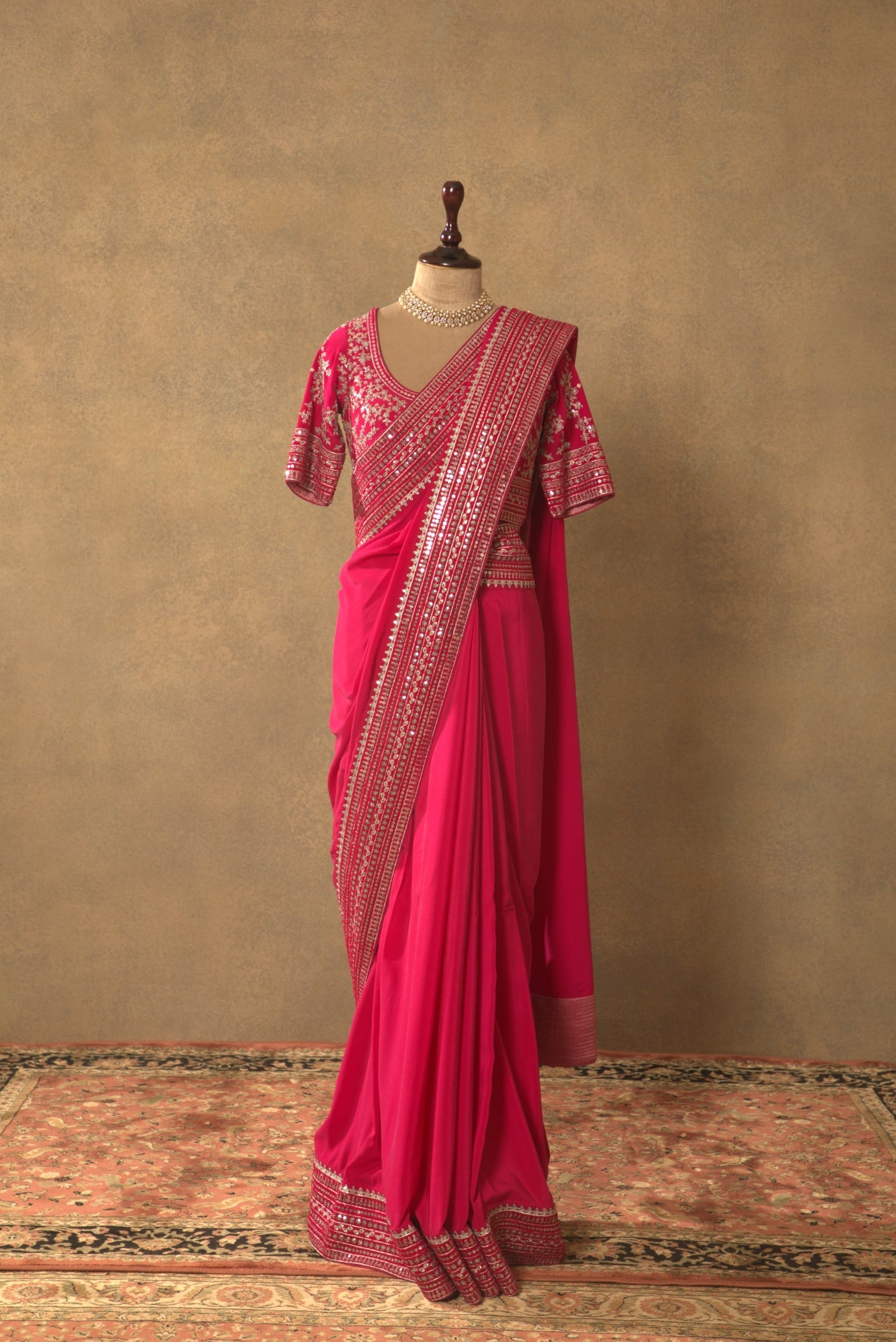 Rani-Pink Embroidered Pure Crepe-Silk Saree-Blouse Set