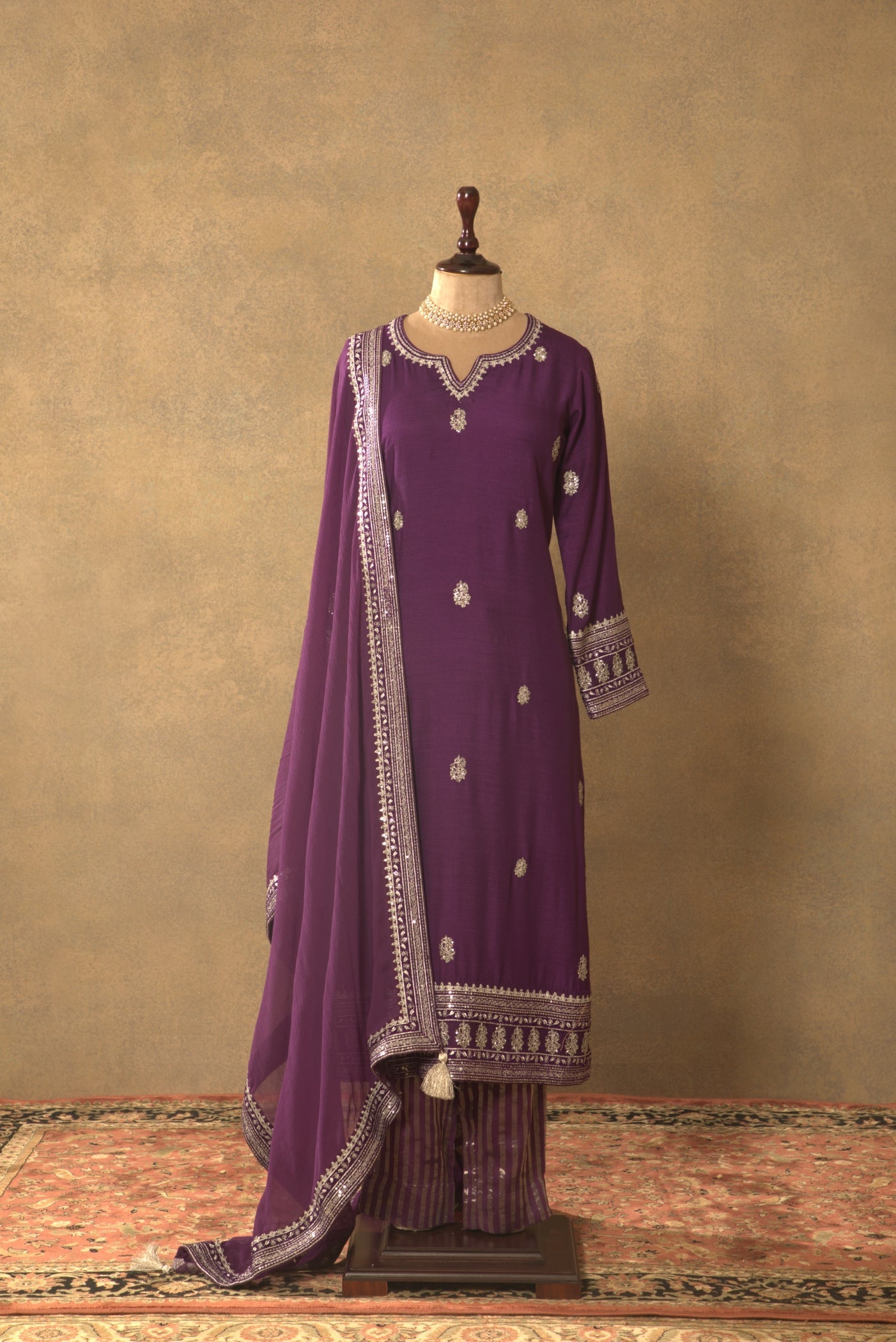 Aubergine Embroidered Pure Muga-Silk Kurta-Pants Set