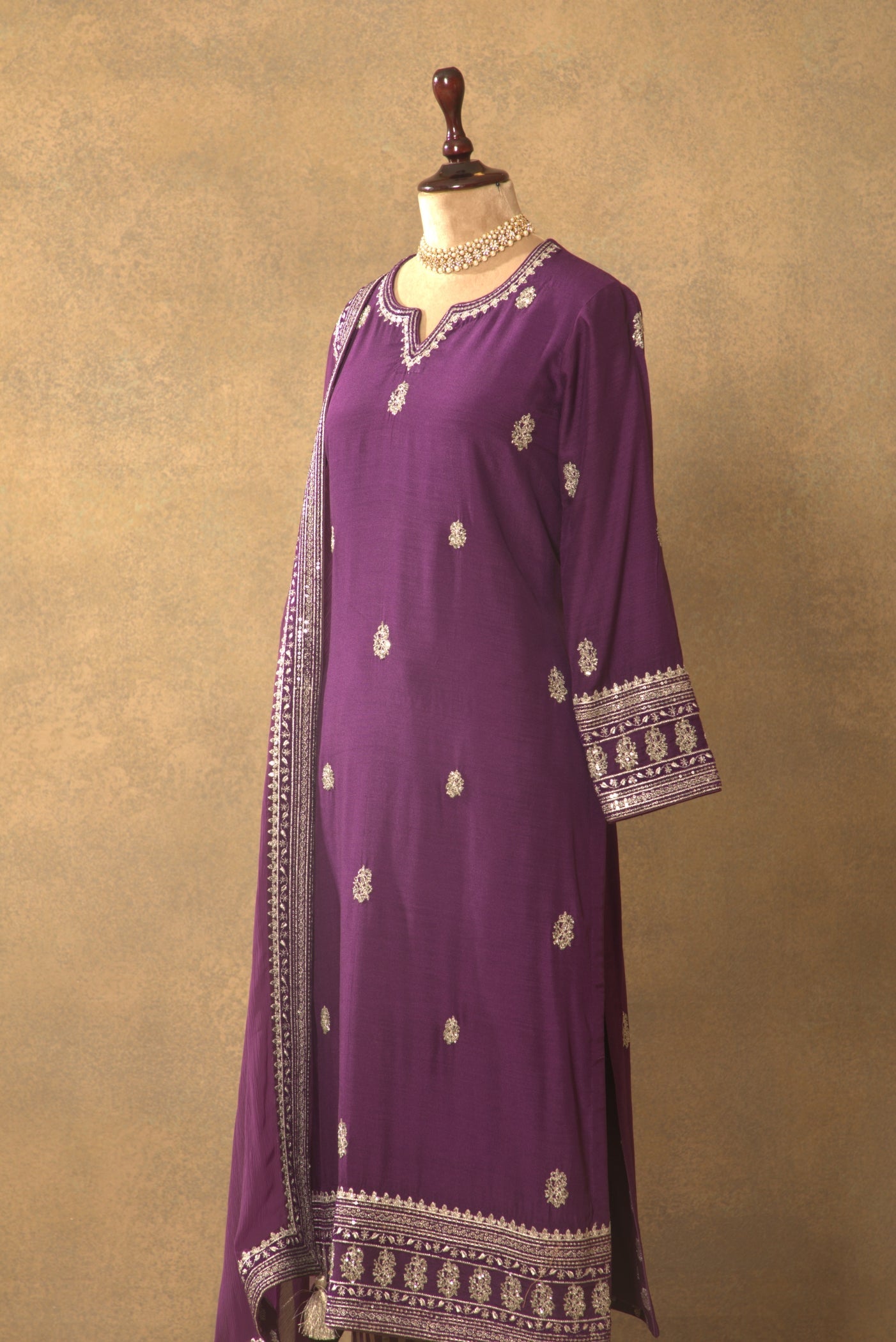Aubergine Embroidered Pure Muga-Silk Kurta-Pants Set