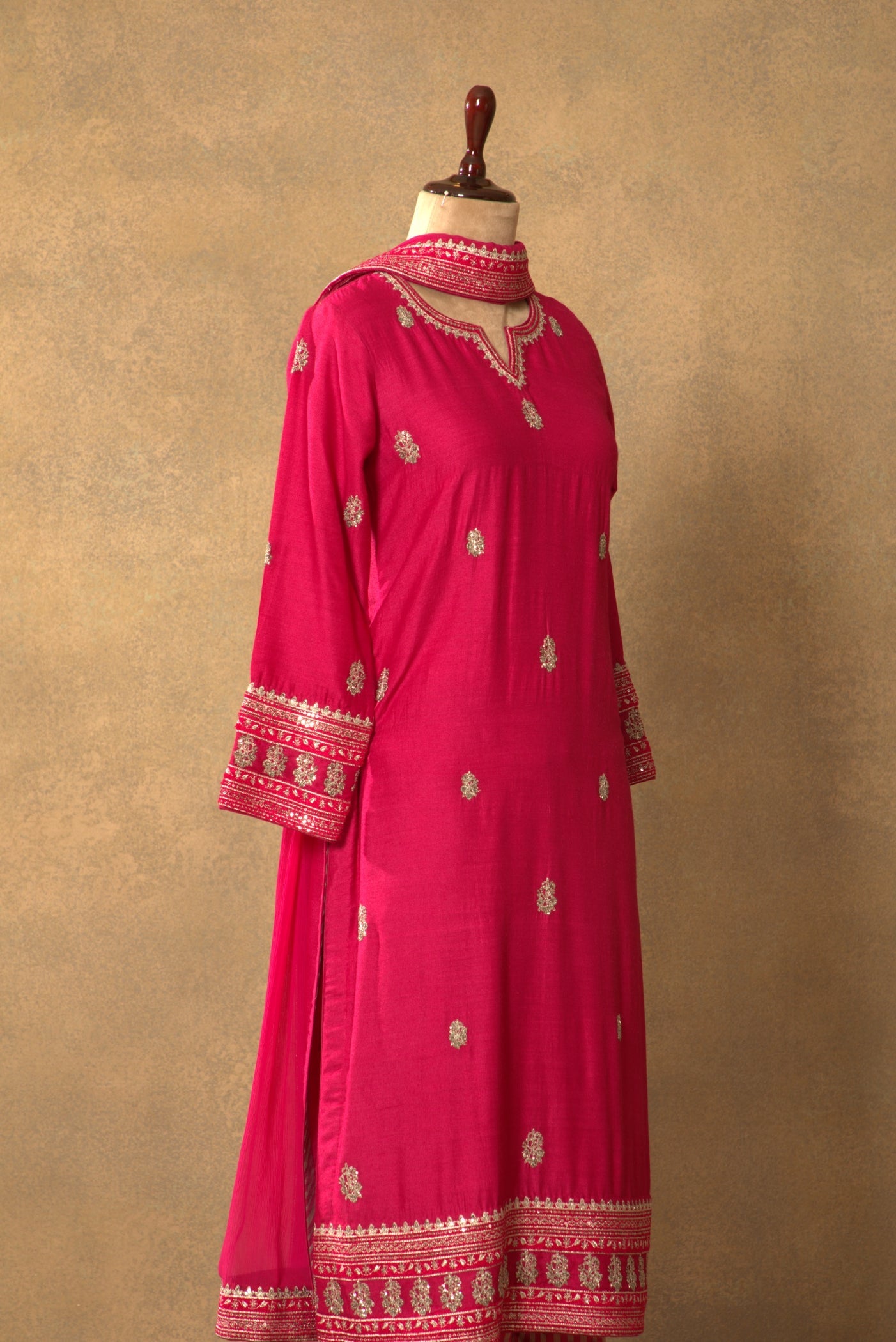 Fuchsia-Pink Embroidered Pure Muga-Silk Kurta-Pants Set