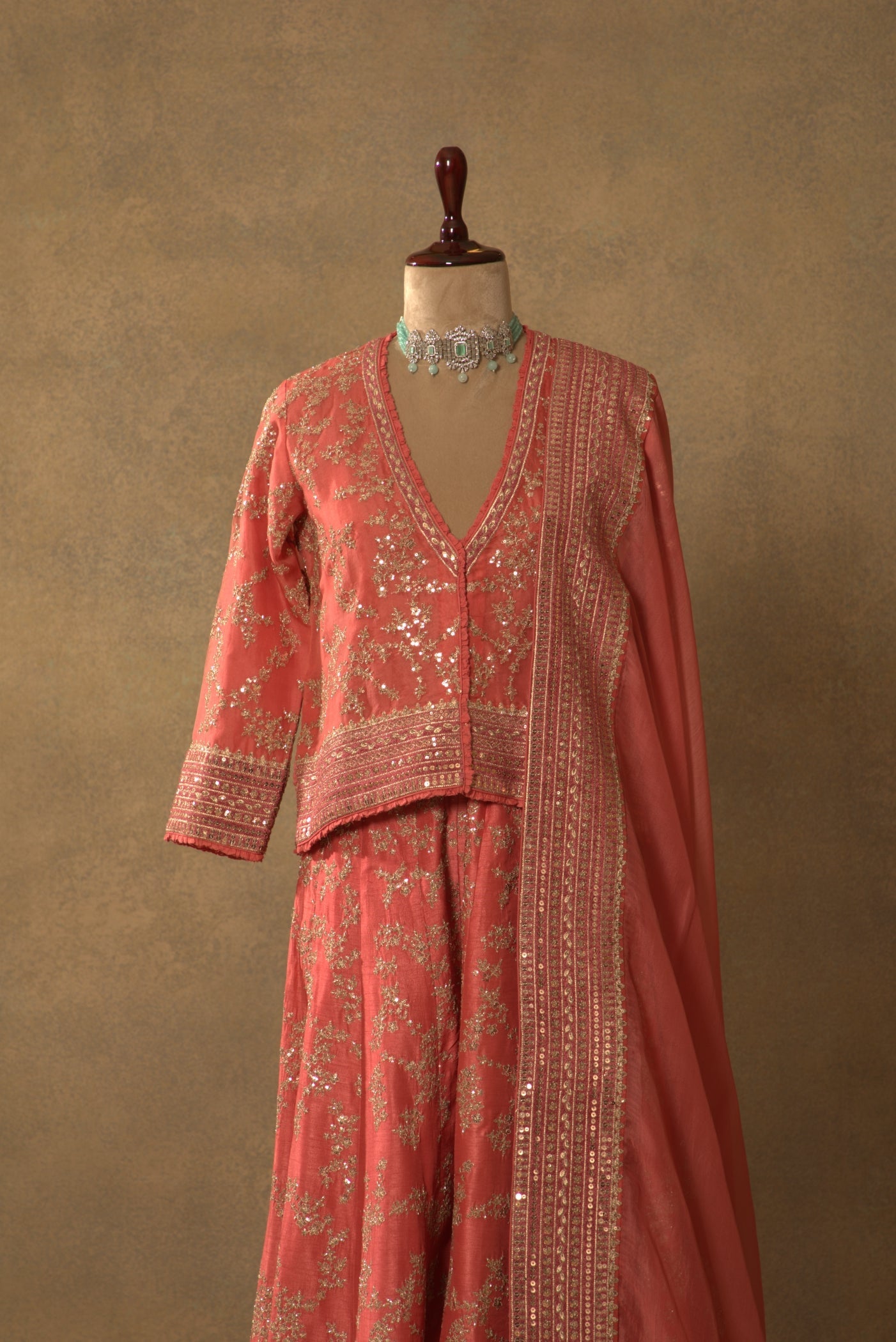 Candy-Pink Embroidered Pure Silk-Organza Short-Kurta-Sharara Set
