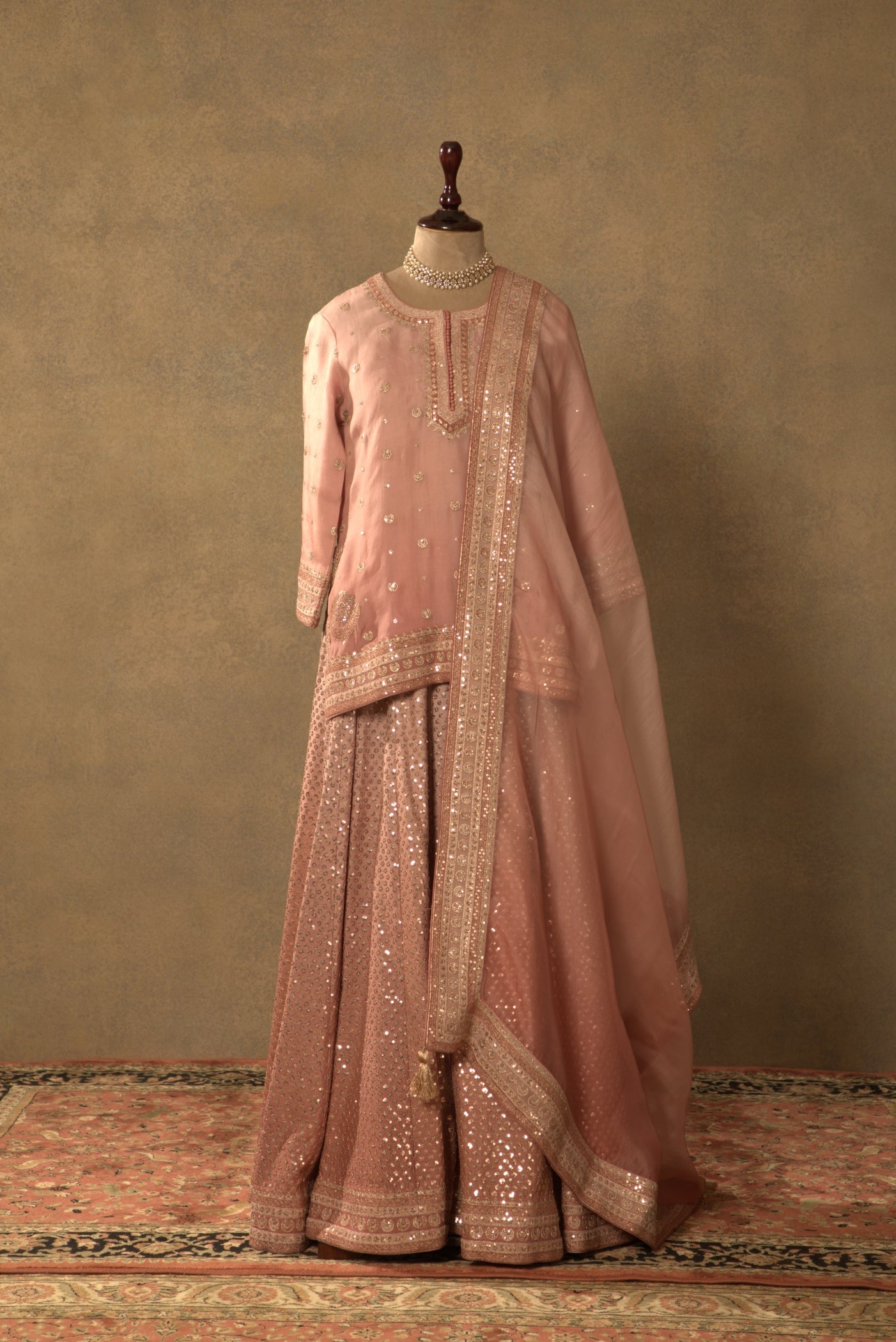 Dusty-Pink Embroidered Pure Silk-Organza Short-Kurta-Sharara Set