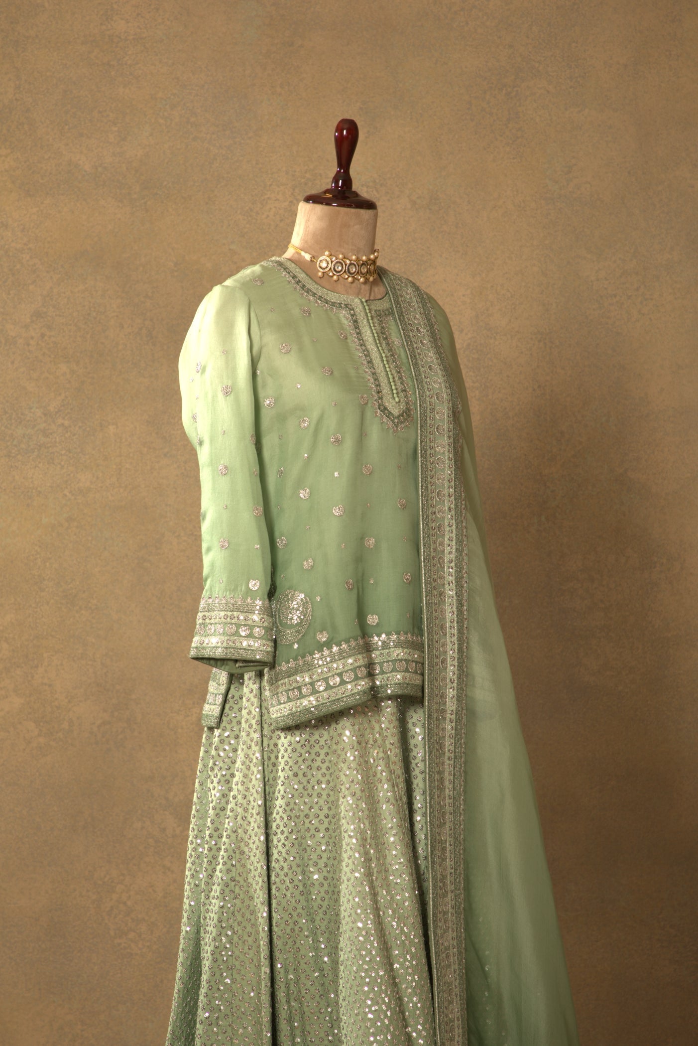 Fern-Green Embroidered Pure Silk-Organza Short-Kurta-Sharara Set