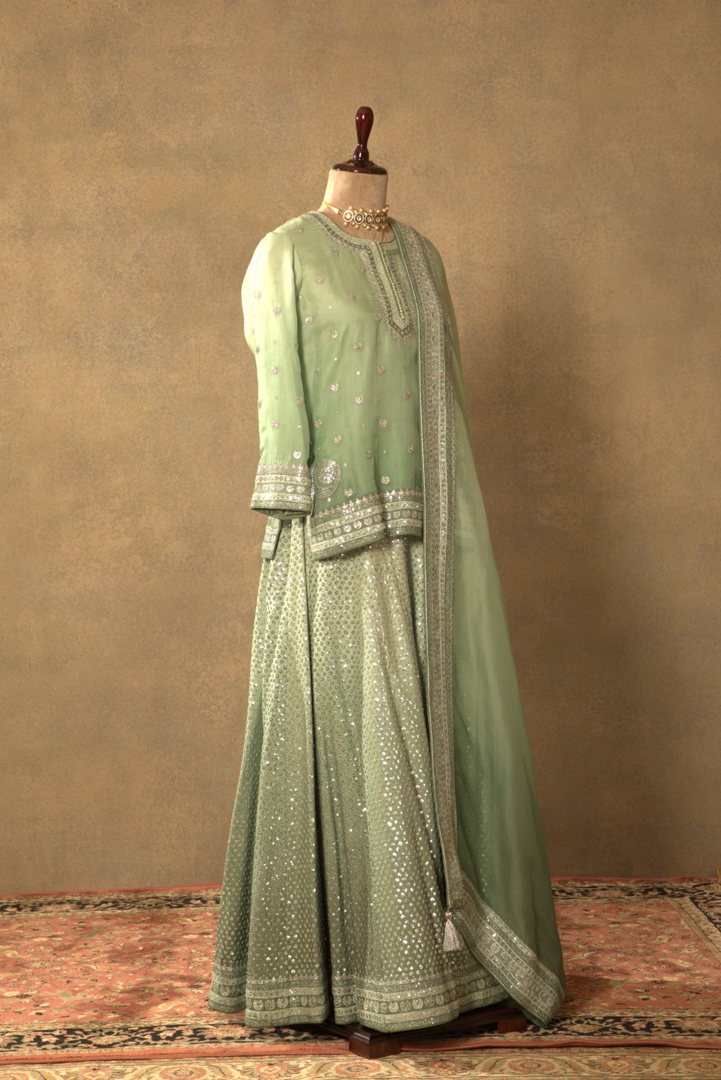 Fern-Green Embroidered Pure Silk-Organza Short-Kurta-Sharara Set