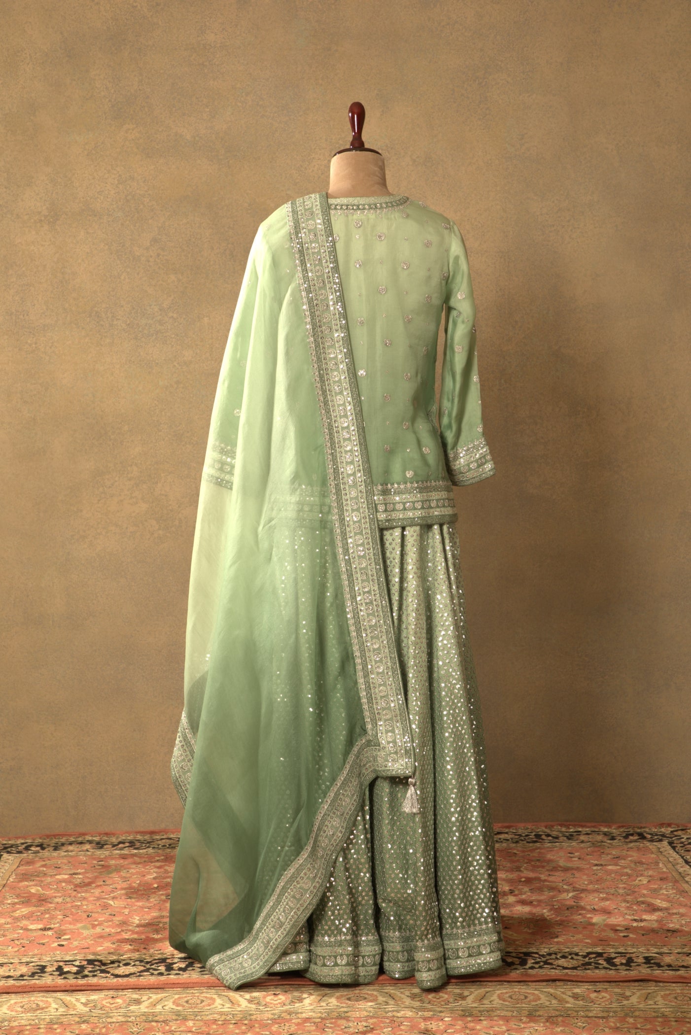 Fern-Green Embroidered Pure Silk-Organza Short-Kurta-Sharara Set