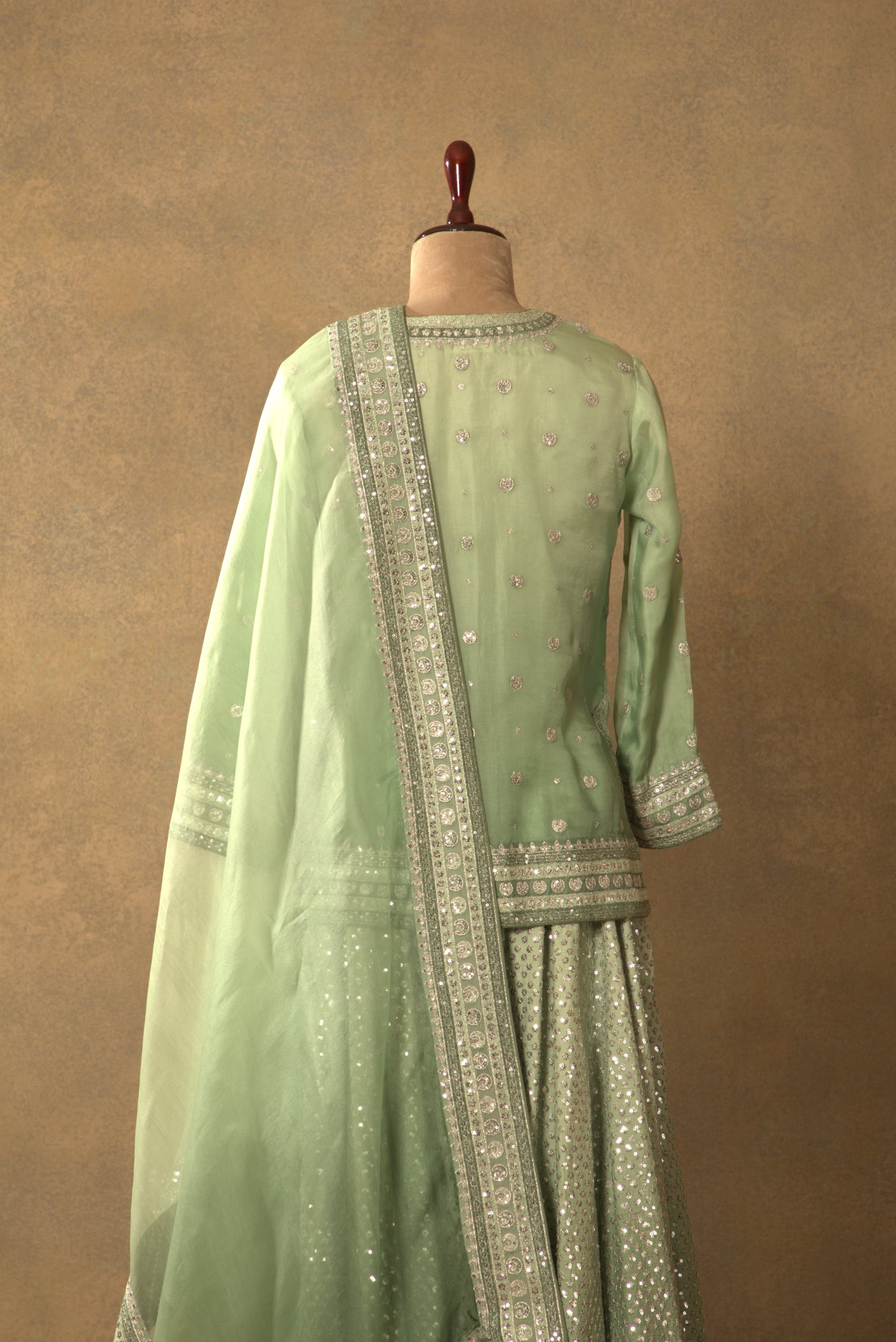 Fern-Green Embroidered Pure Silk-Organza Short-Kurta-Sharara Set