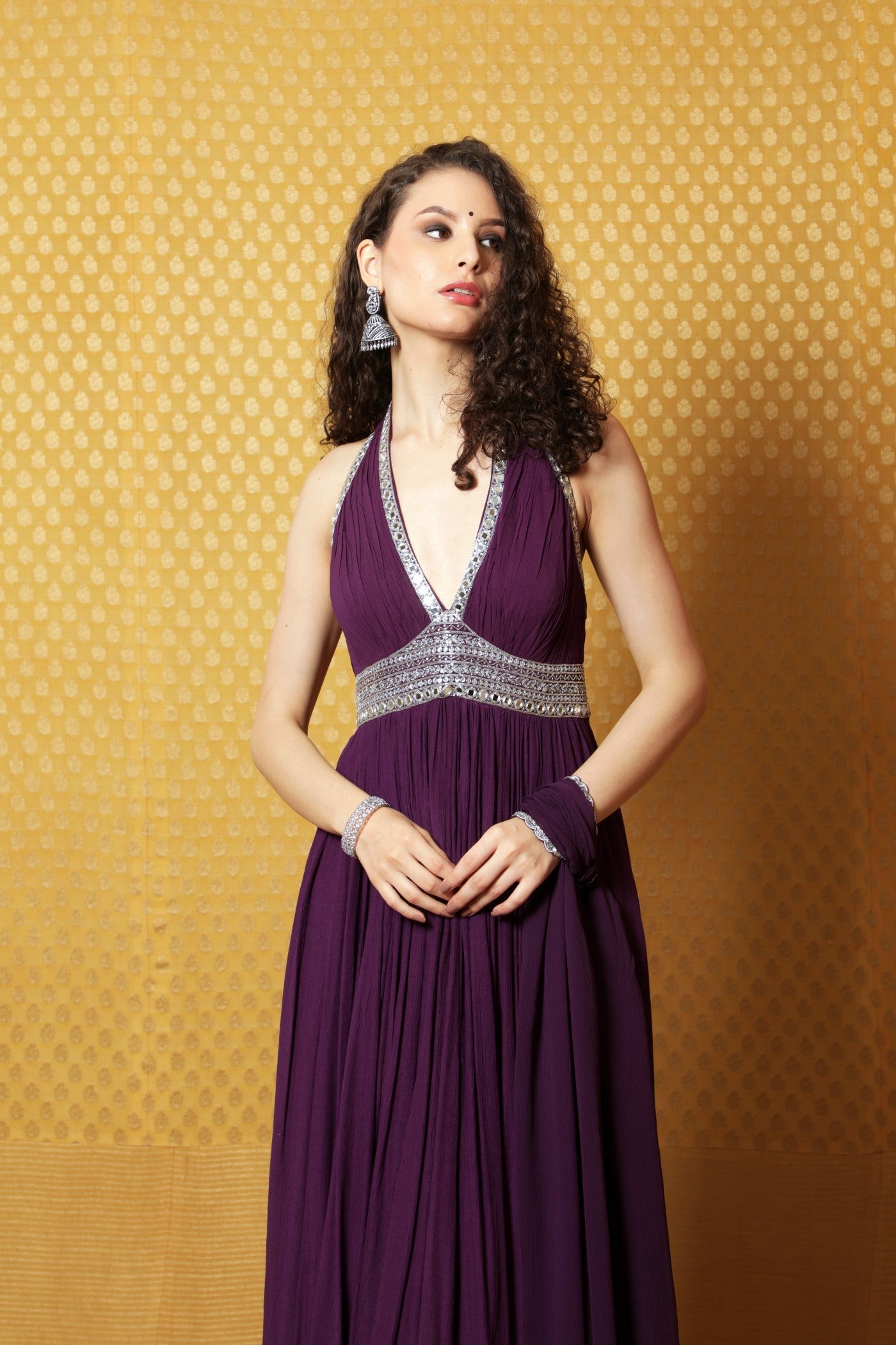 Hand-Embroidered Aubergine Crinkled- Cotton Anarkali-Pants Set With Halter Neckline