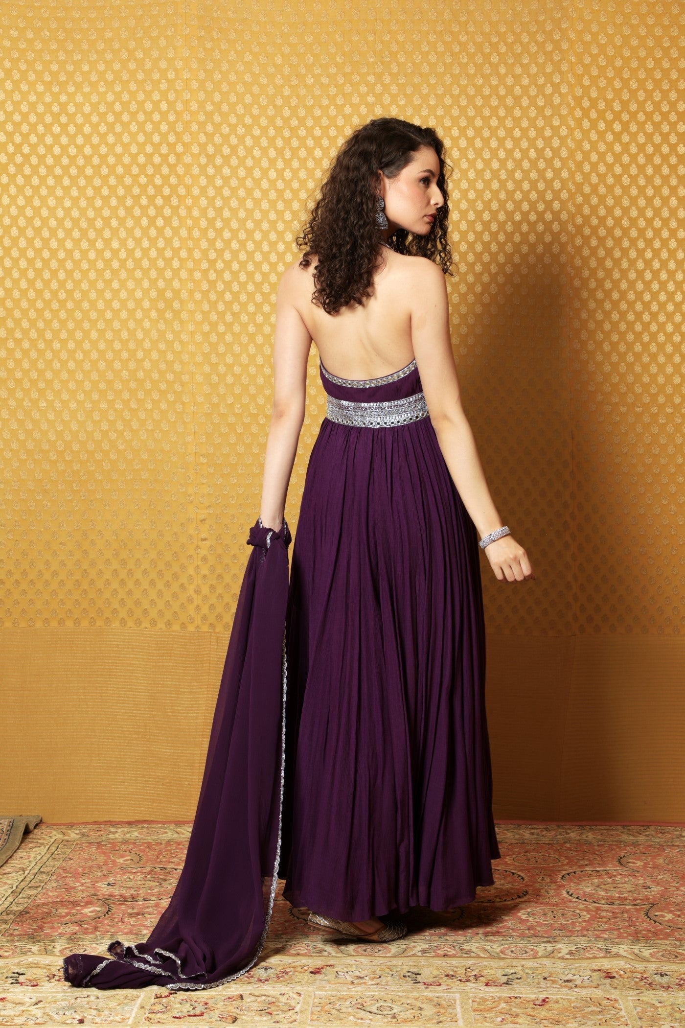 Hand-Embroidered Aubergine Crinkled- Cotton Anarkali-Pants Set With Halter Neckline