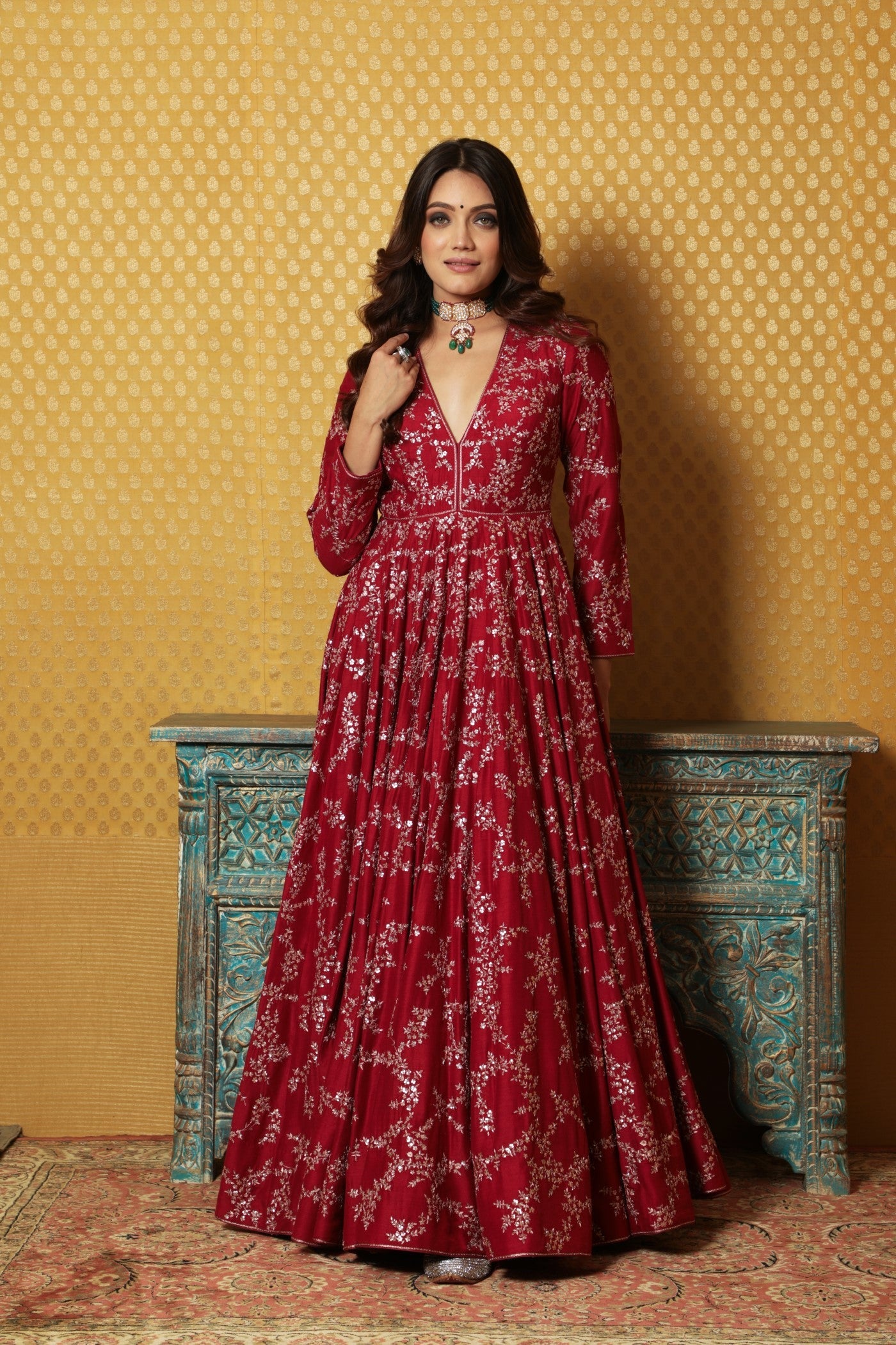 Hand-Embroidered Maroon Pure Muga-Silk Anarkali Dress