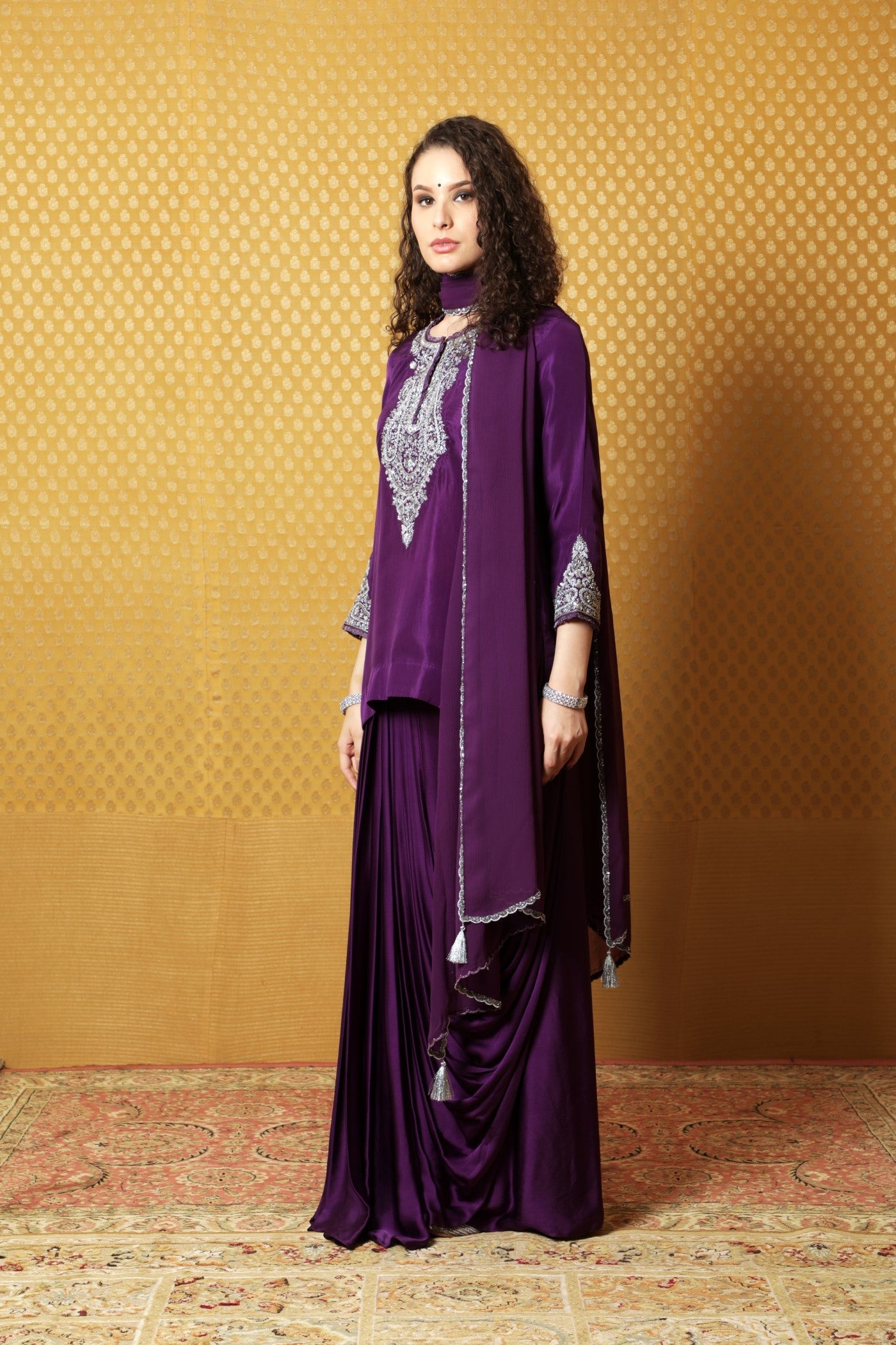 Aubergine Hand-Embroidered Pure Silk Short Kurta-Draped Skirt Set