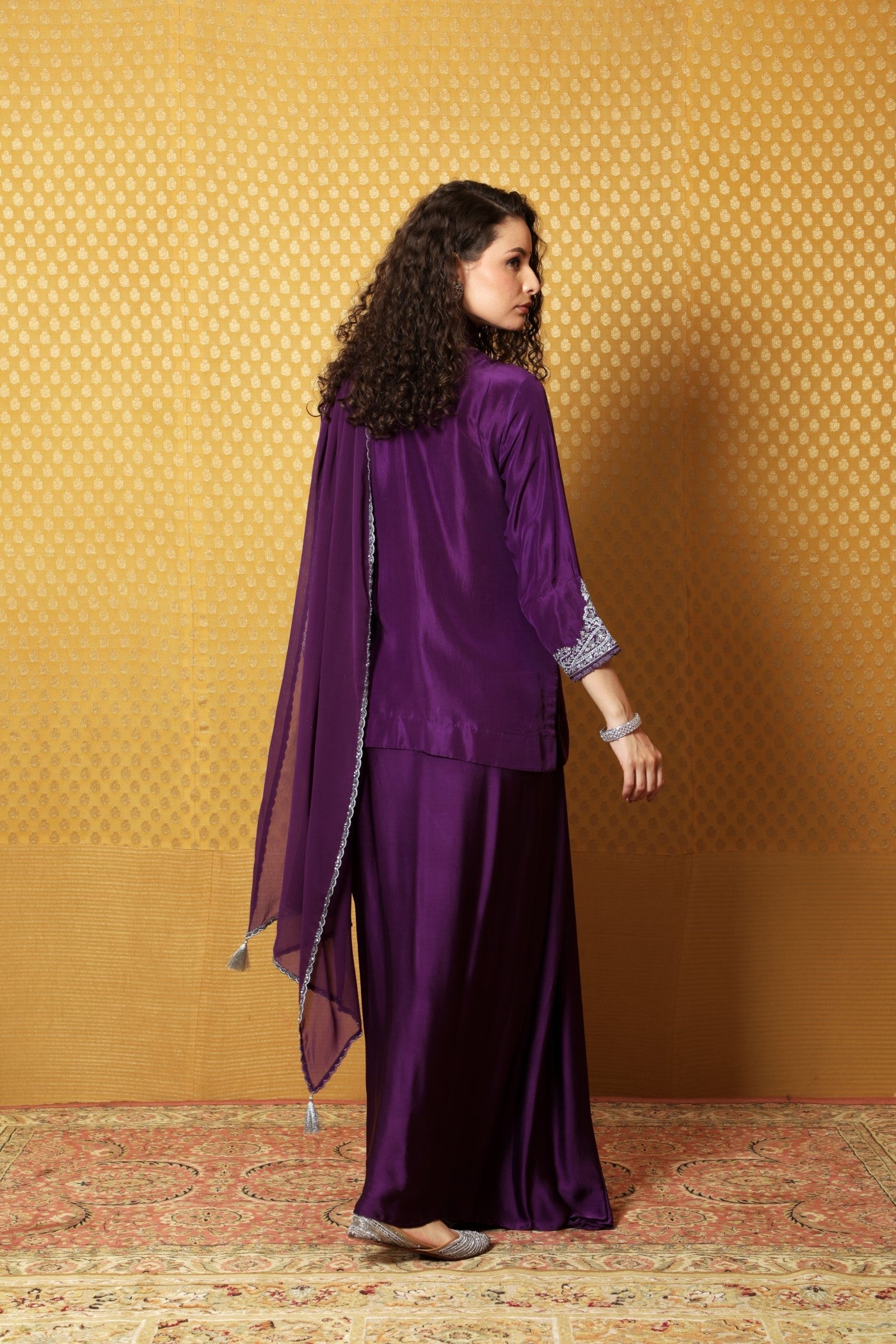 Aubergine Hand-Embroidered Pure Silk Short Kurta-Draped Skirt Set