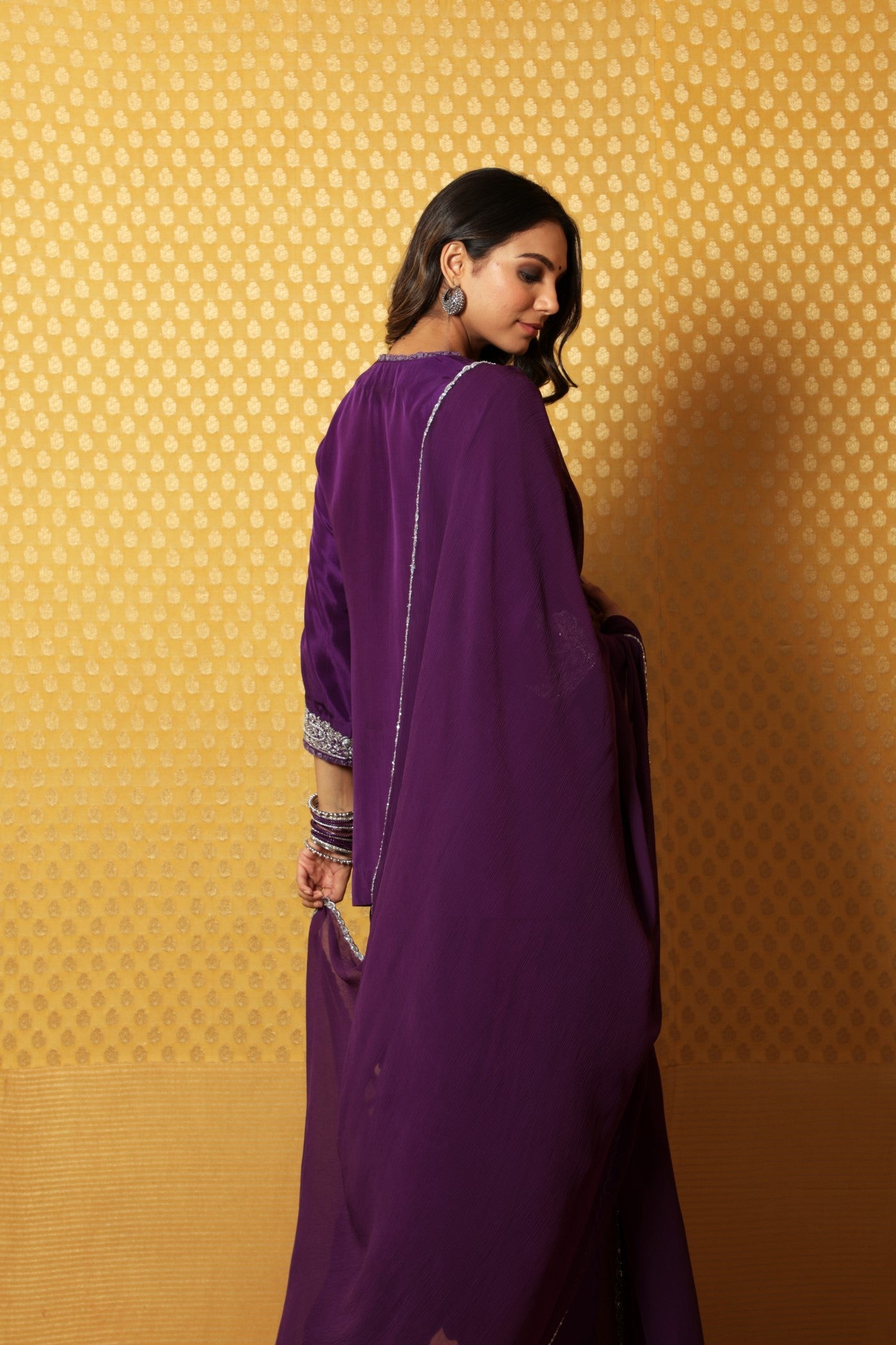 Aubergine Hand-Embroidered Pure Silk Kurta-Patiala Salwar Set