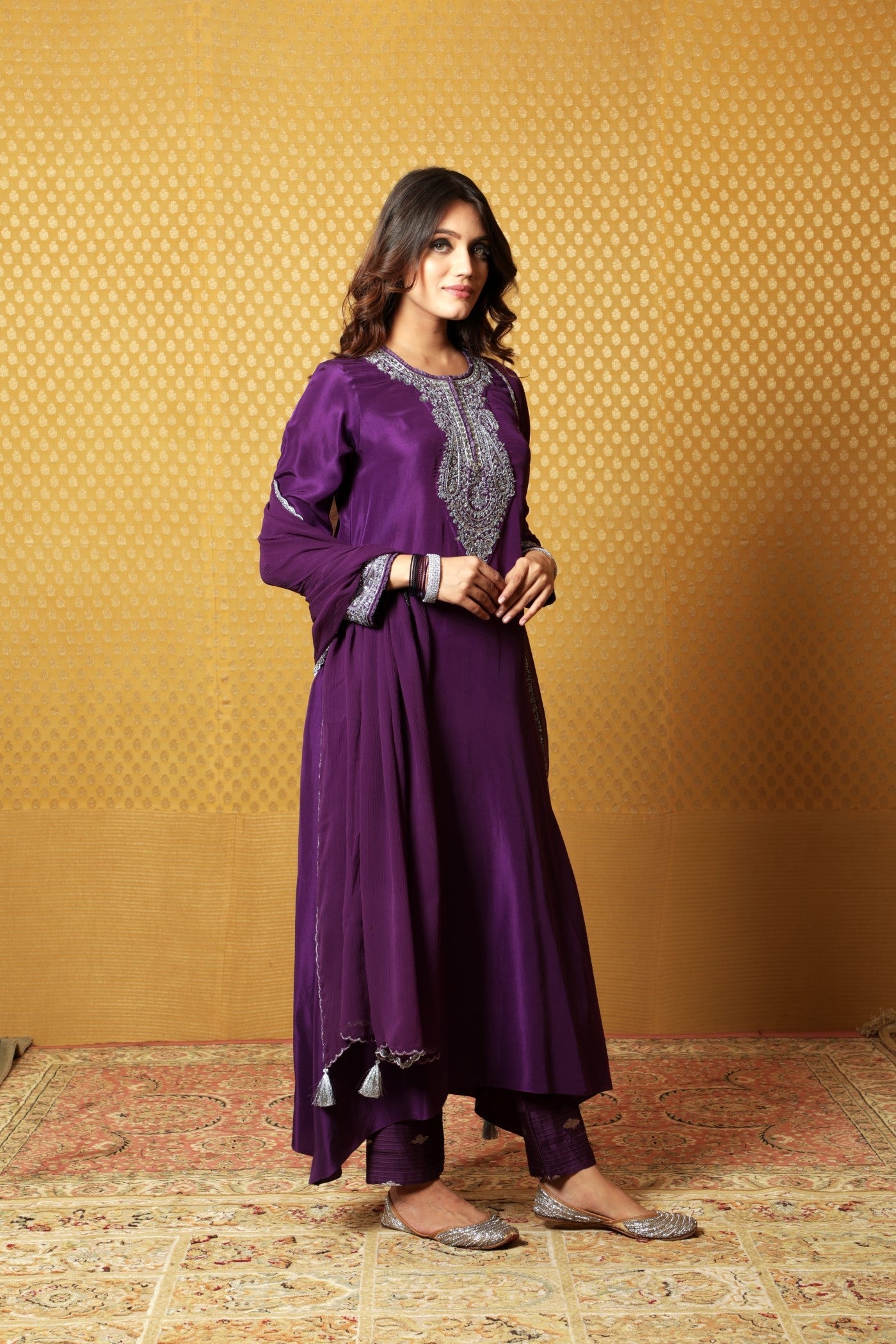 Aubergine Hand-Embroidered Pure Silk Kurta-Pants Set