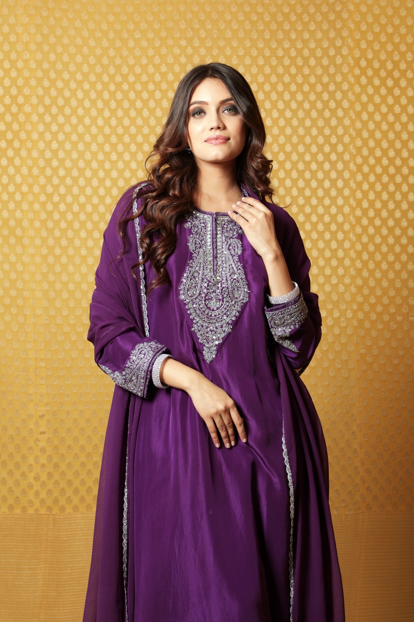Aubergine Hand-Embroidered Pure Silk Kurta-Pants Set