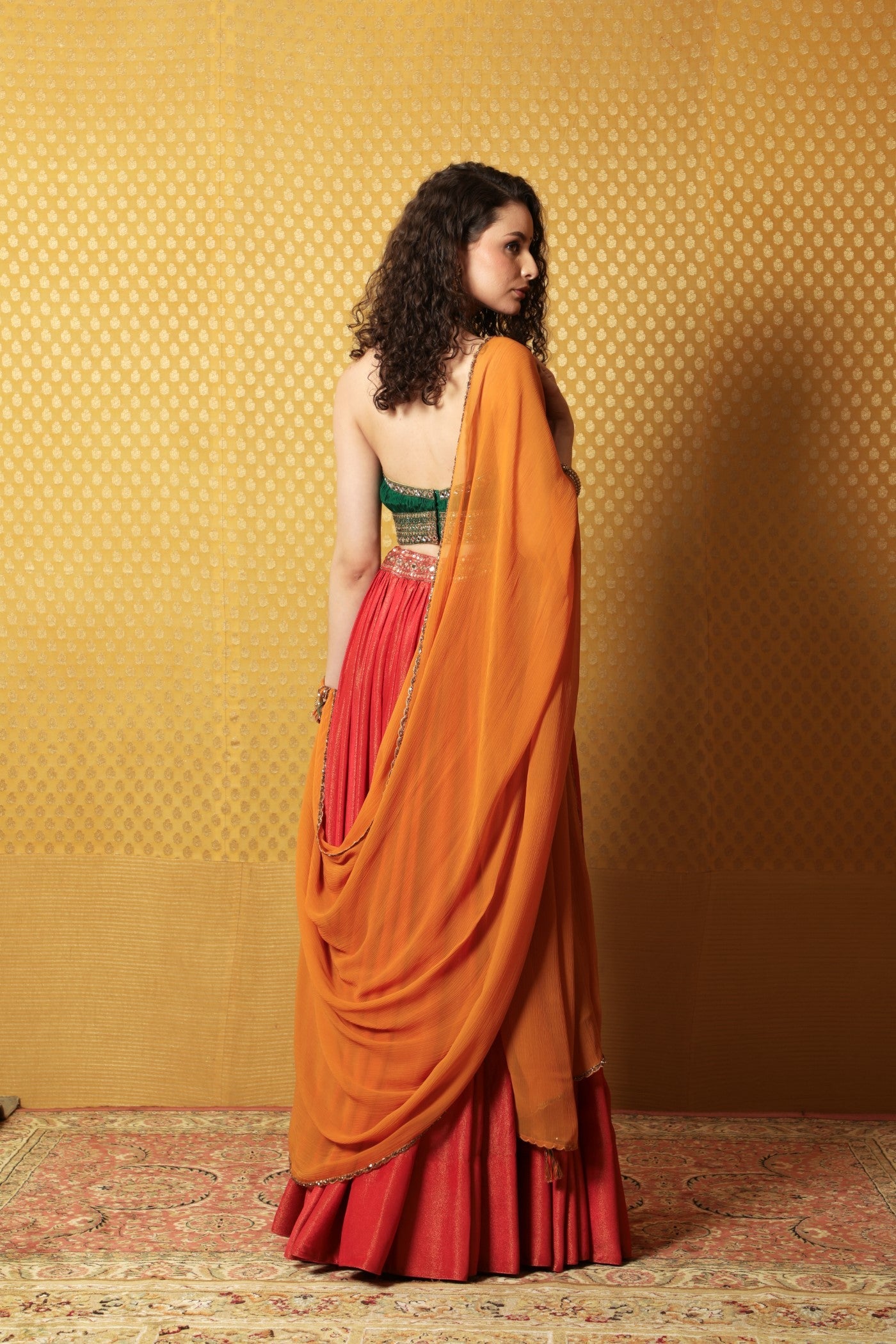 Hand-Embroidered Red-Green-Mustard Lehenga-Blouse-Dupatta Set