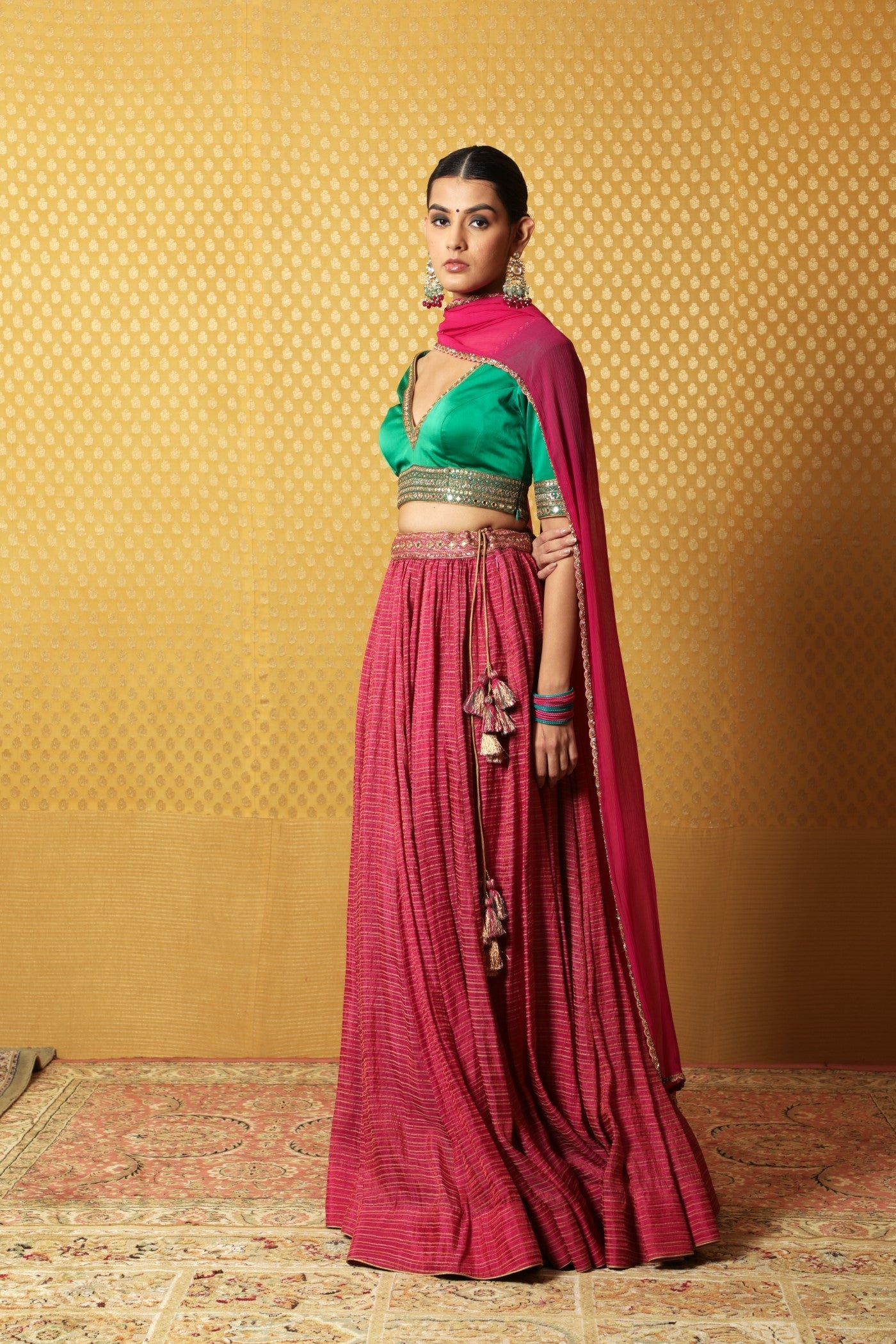 Hand-Embroidered Rani-Pink Pure Metallic Georgette Lehenga-Blouse Set
