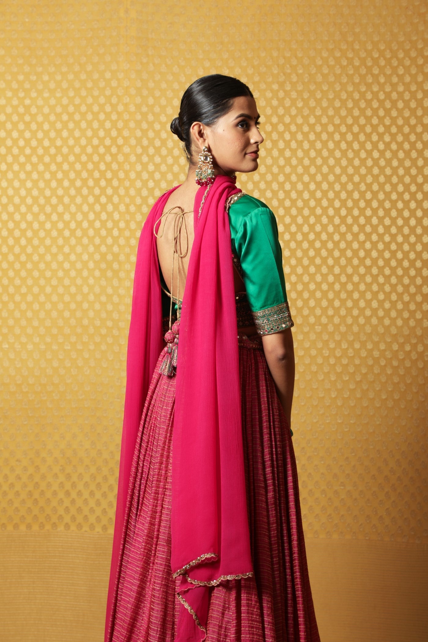 Hand-Embroidered Rani-Pink Pure Metallic Georgette Lehenga-Blouse Set