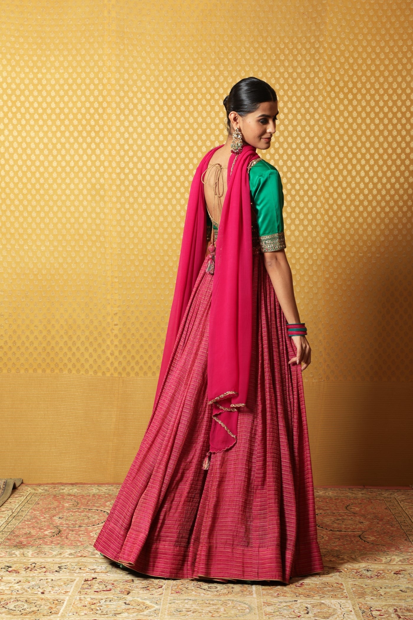 Hand-Embroidered Rani-Pink Pure Metallic Georgette Lehenga-Blouse Set