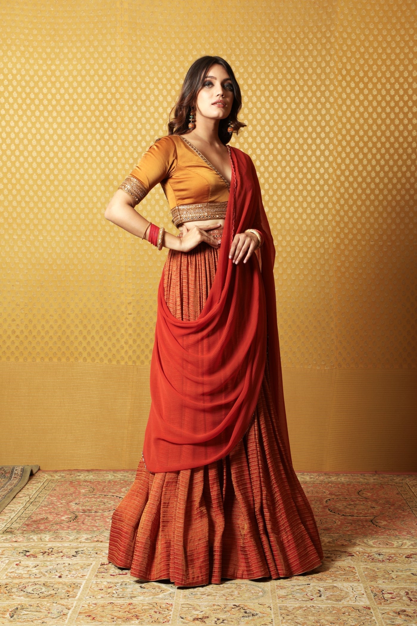 Hand-Embroidered Rust-Orange Pure Metallic Georgette Lehenga-Blouse Set
