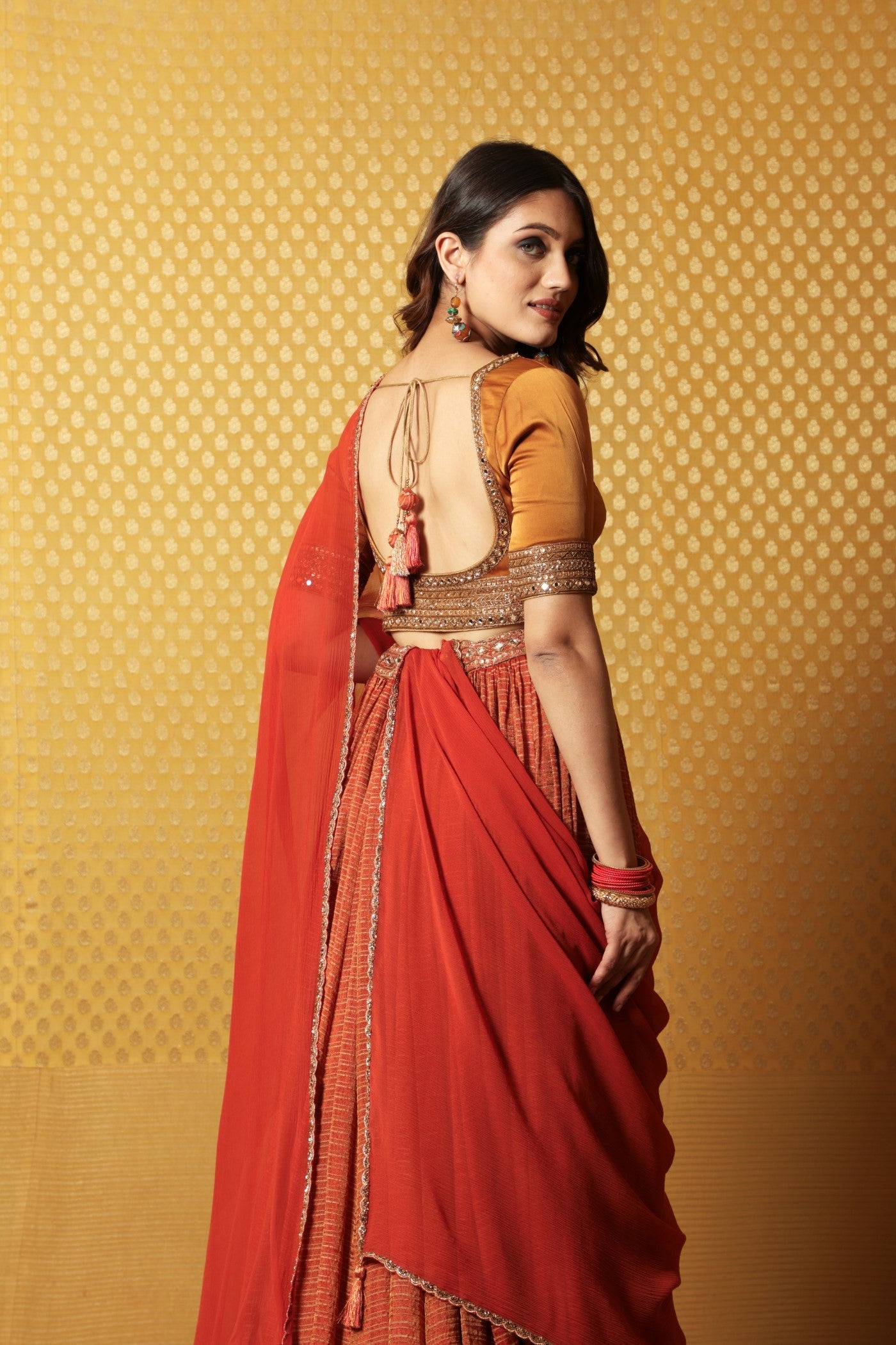 Hand-Embroidered Rust-Orange Pure Metallic Georgette Lehenga-Blouse Set